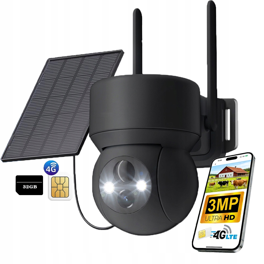Venkovní solární kamera 2K se dvěma objektivy 3MP Sim karta 4G Lte s 32GB kartou