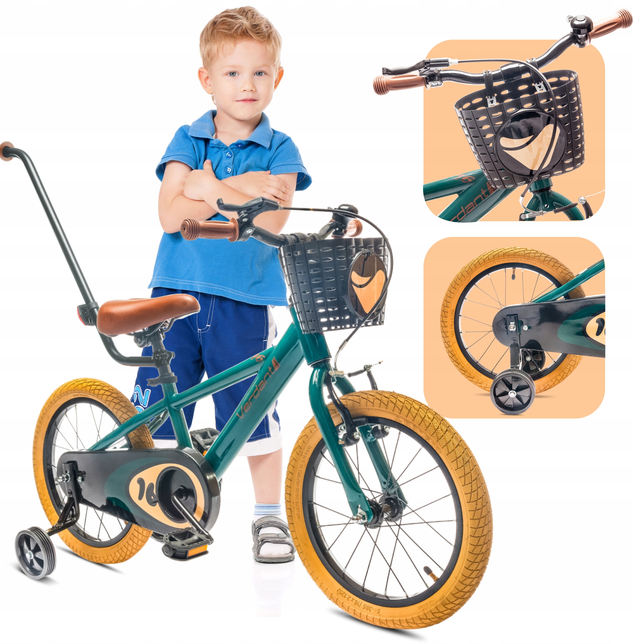 Rower dziecięcy dla chłopca 16 cali Koszyk Kółka boczne Pchacz Verdant