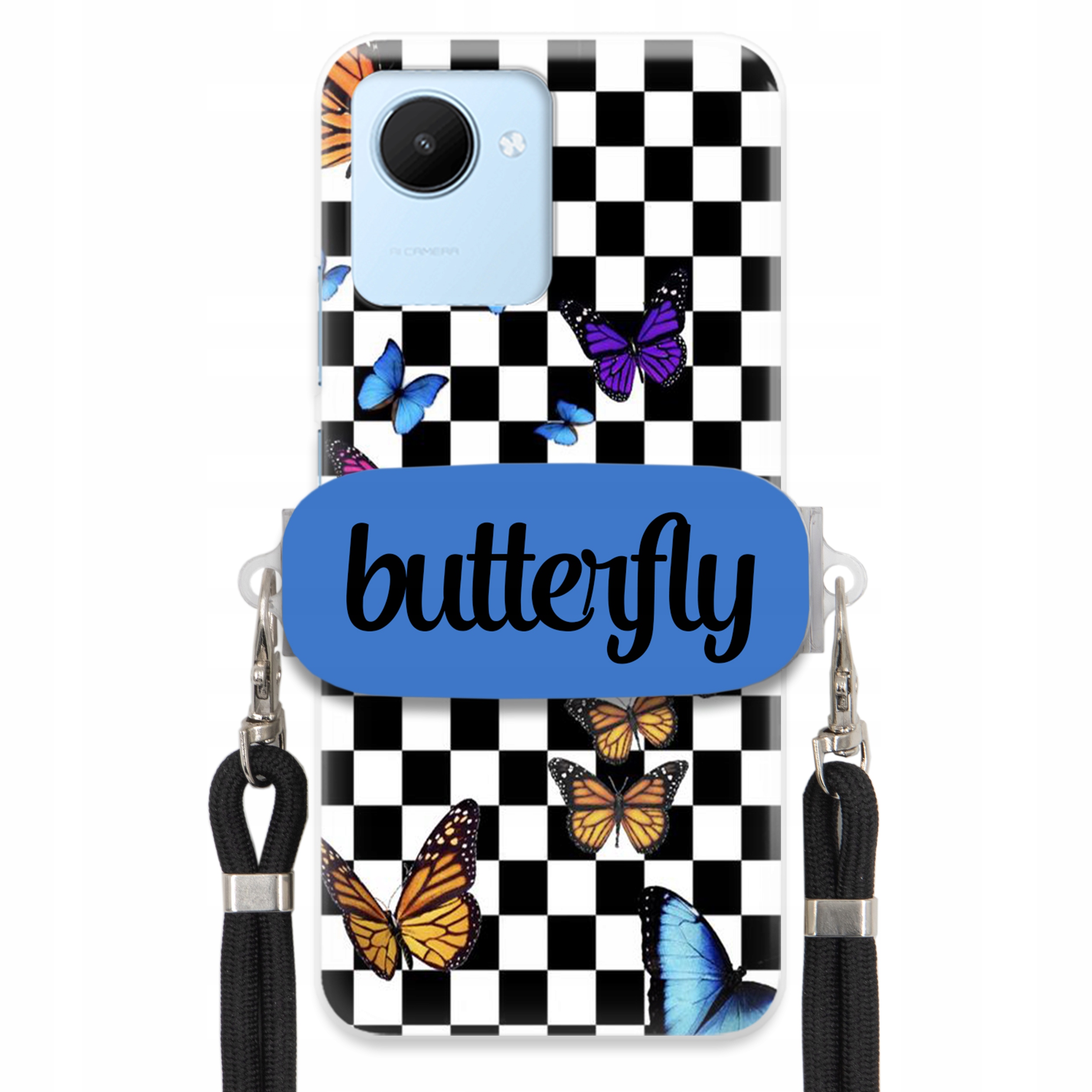Pouzdro Pro Realme C30 Case Obdélníkový Držák Černé Vodítko Butterfly Motýli