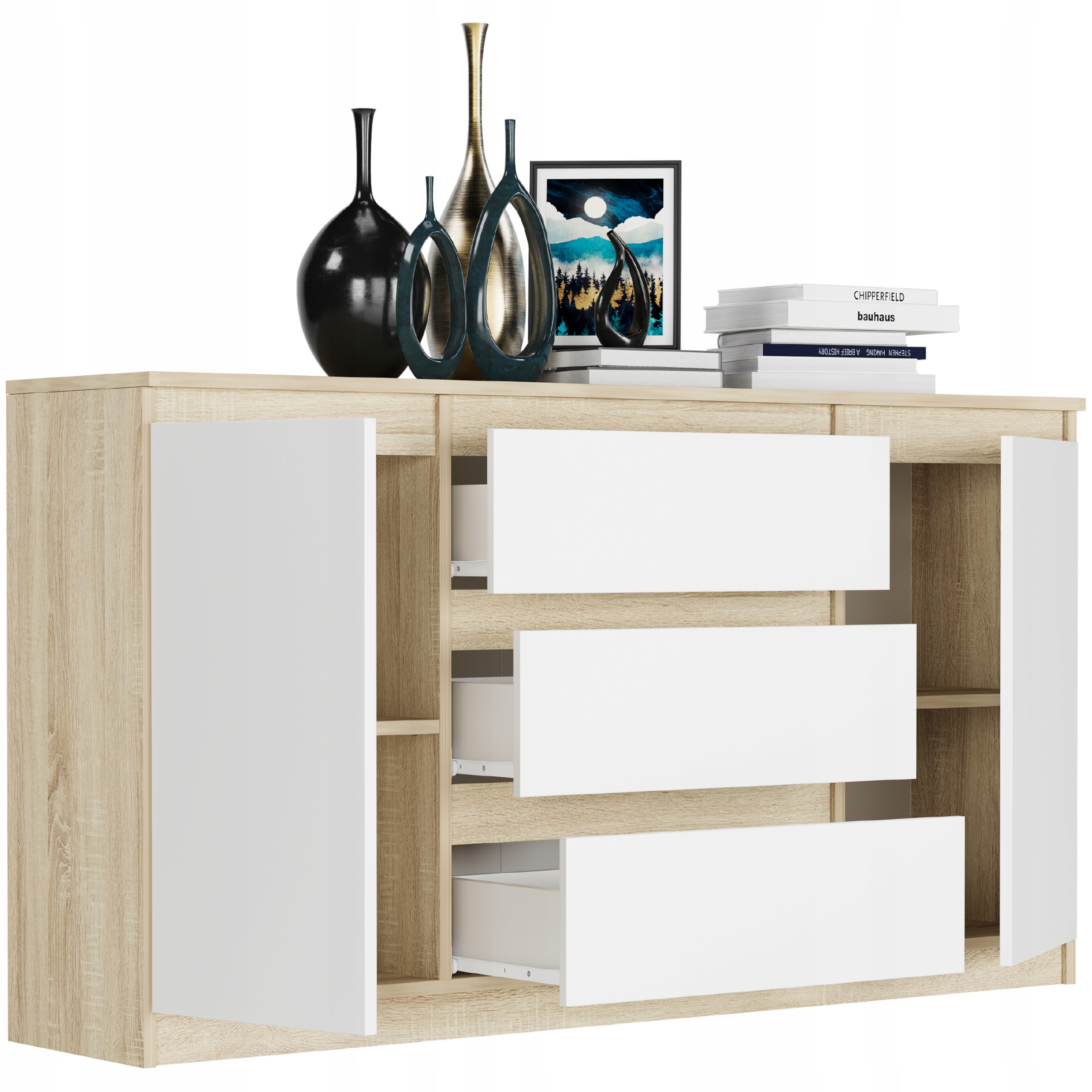 KOMODA 140 SZAFKA 3 SZUFLADY 2 PÓŁKI R-140-S3 MIX SONOMA