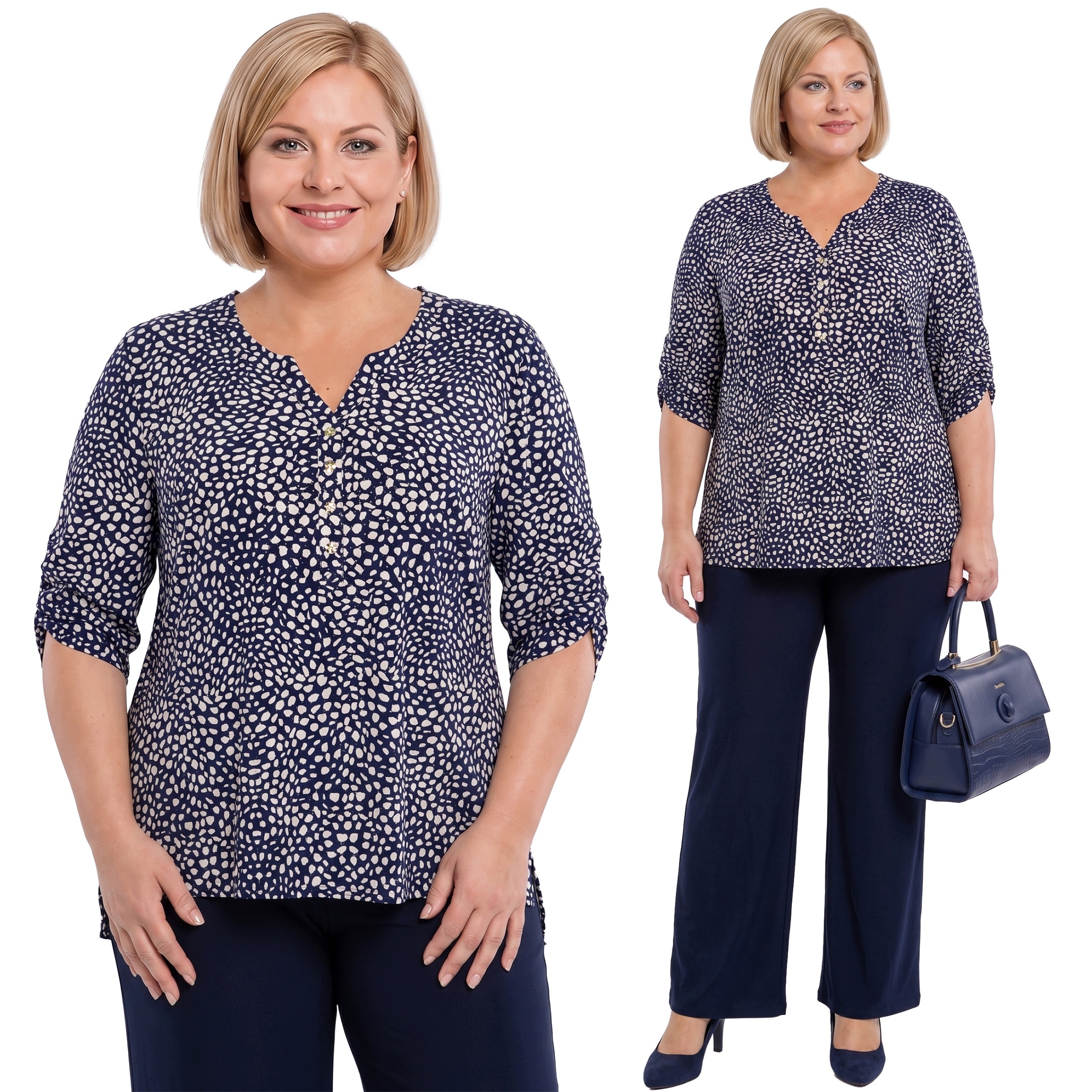 Tmavě modrá béžovo-zlatá halenka s puntíky plus size velikost 52