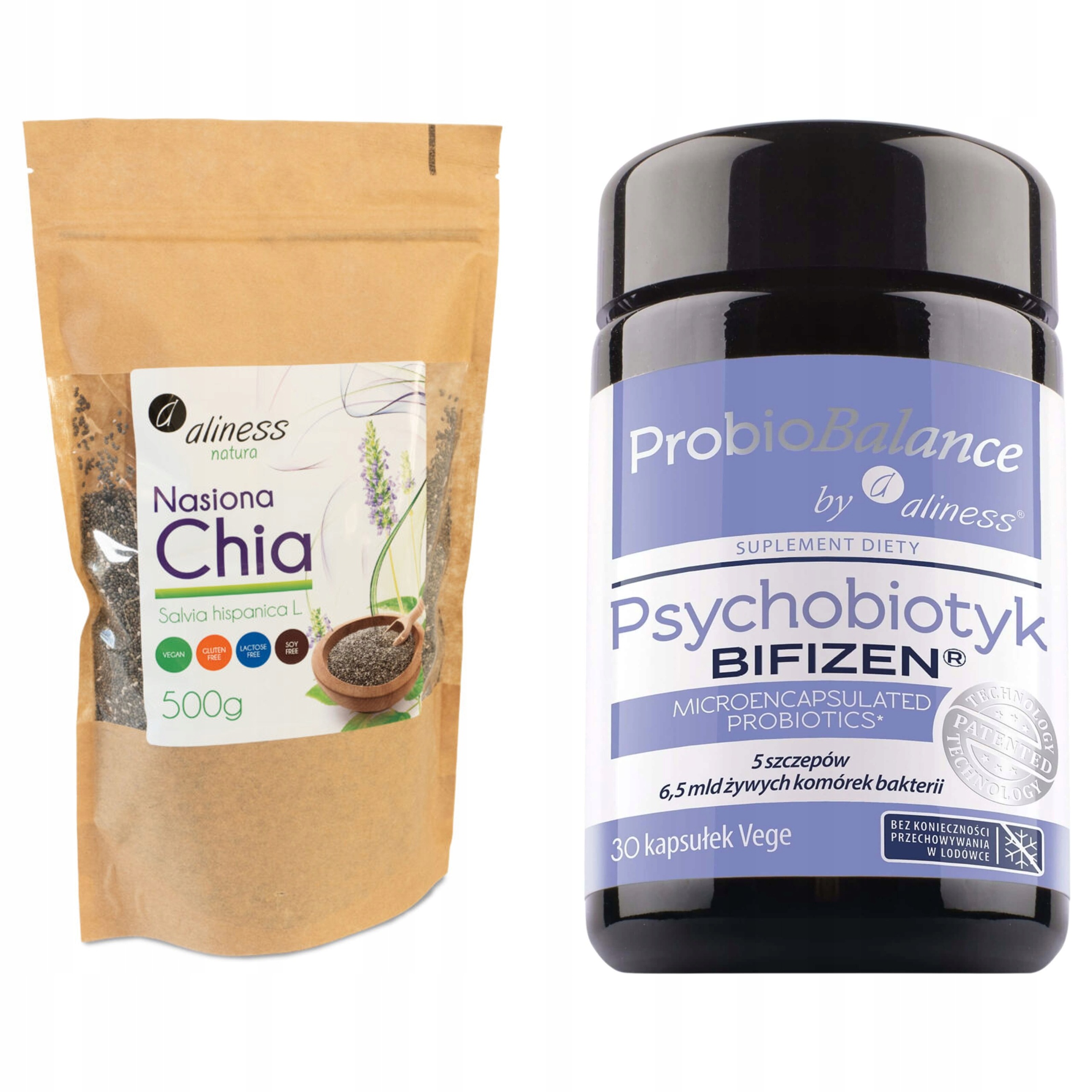 Psychobiotyk Probiobalance Bifizen Chia Aliness Zestaw 30 Kaps. 0,5 Kg
