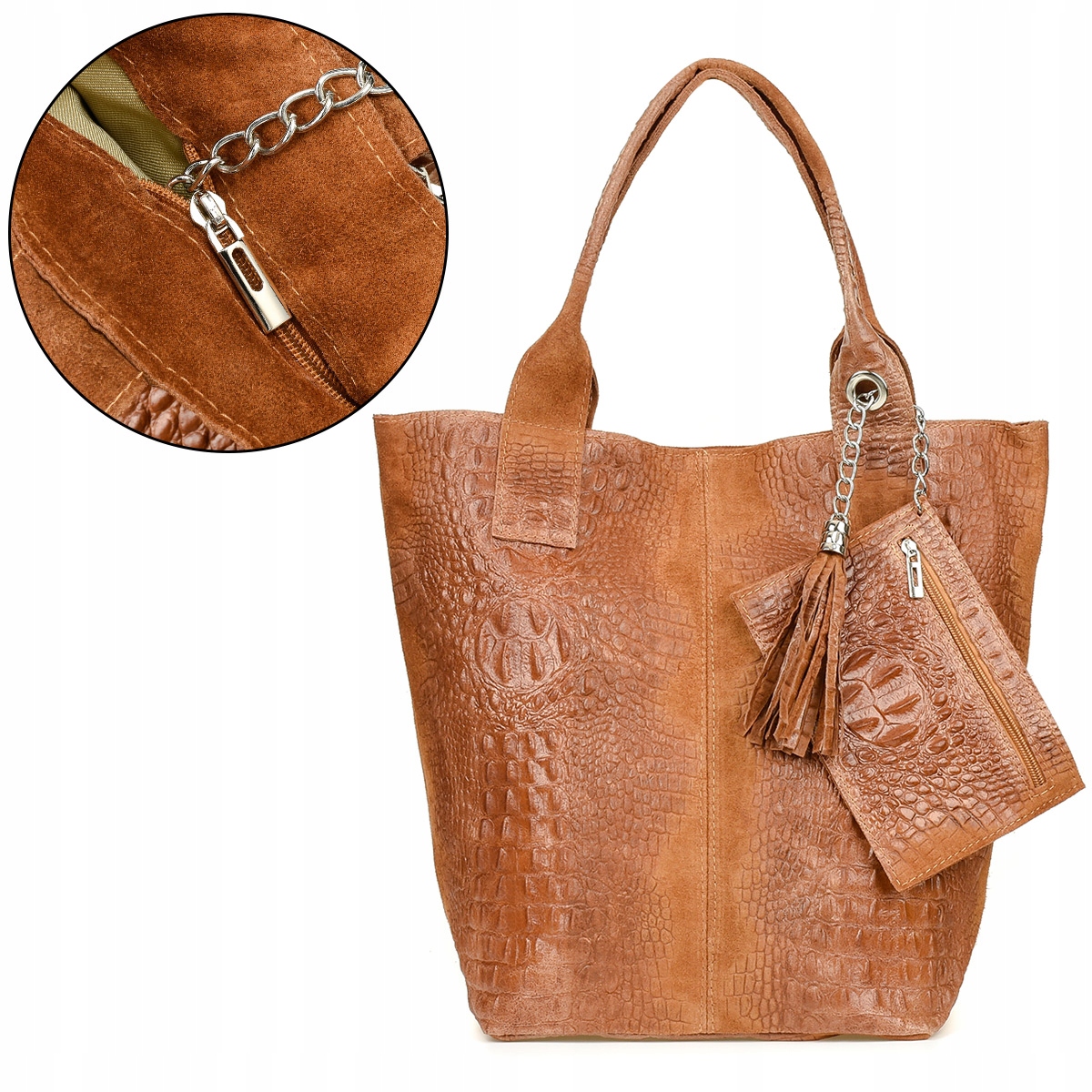 Kožená taška dámská shopper na zip velká A4 s italskou kosmetickou taštičkou
