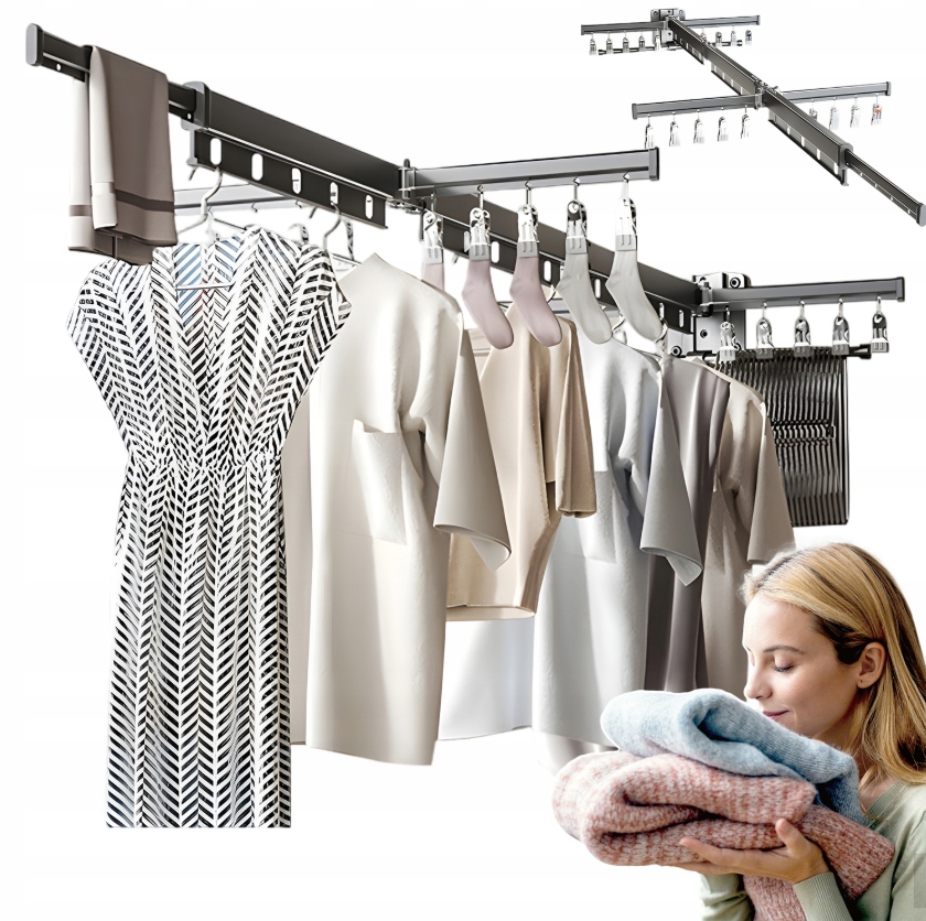 Sušák na zeď Balkon Skládací Výsuvný 20 klipů na prádlo Balkon