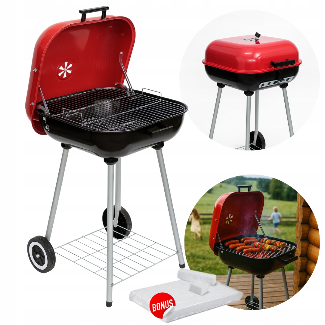 Grill węglowy ogrodowy z pokrywą na kółkach, półka 39x53x78cm BQ015