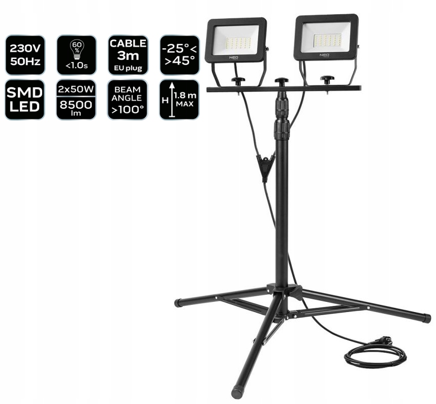 Reflektor Dvojitý 2X50W Smd Led 8500LM 230V Na Stativu 1.8 M 99-062 Neo