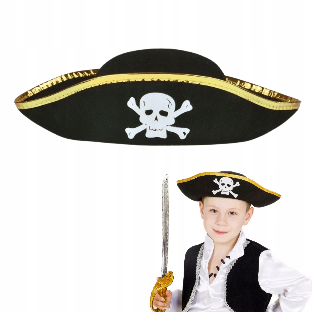 KAPELUSZ PIRATA ROZKŁADANY Z CZASZKĄ TRIKORN PIRACKI CZARNY KARNAWAŁ CZAPKA