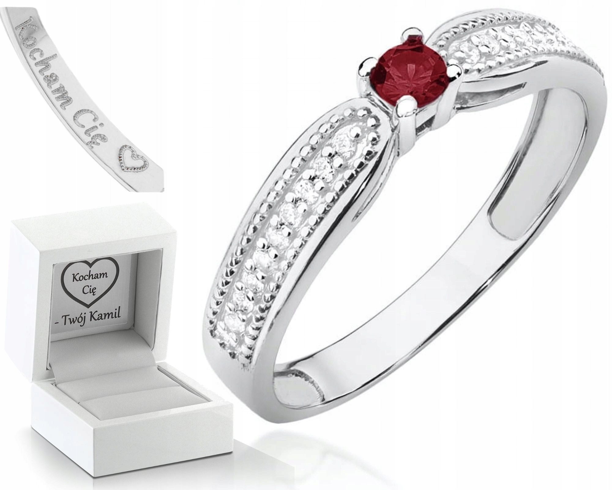 Bílé Zlato Prstýnek Rubín Brilianty 585 Gravírování