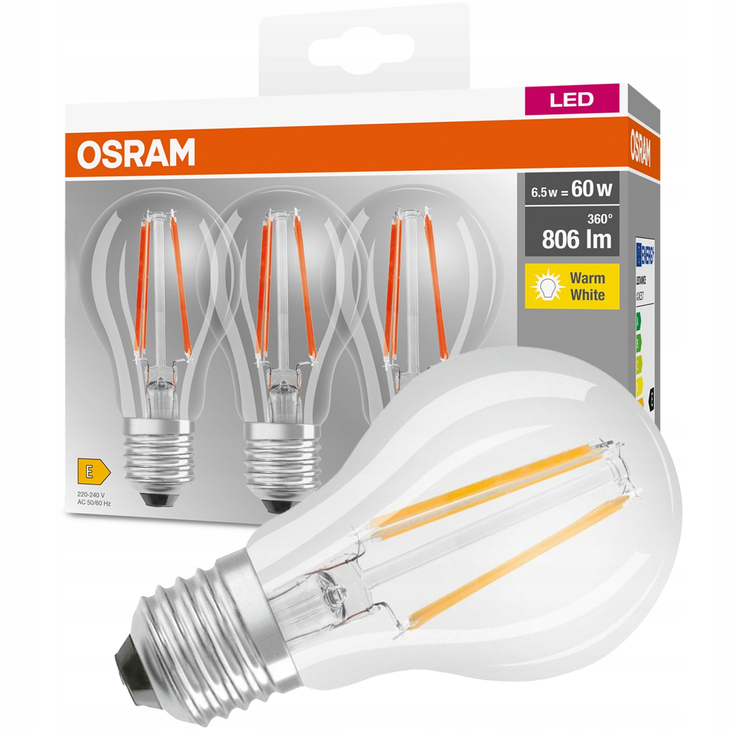 

Zestaw 3x Żarówka Led E27 7W 60W Osram Filament