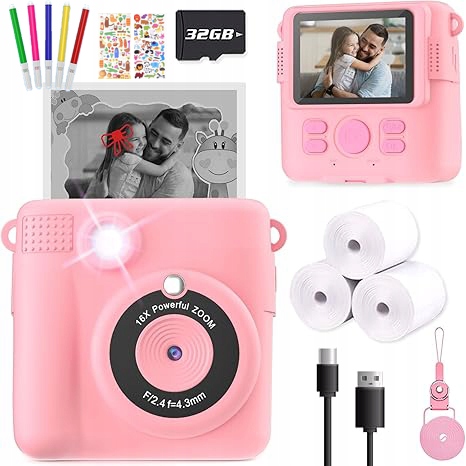 Mini Tepelná Tiskárna S Fotoaparátem Pro Děti 3 Role Papíru 1080P Růžová