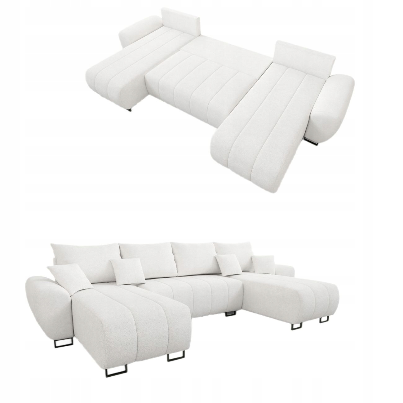 Velký Rohová Sedací Souprava Rozkládací Rohová Sedačka Krém Boucle U Vlnité Pružiny Nádoba