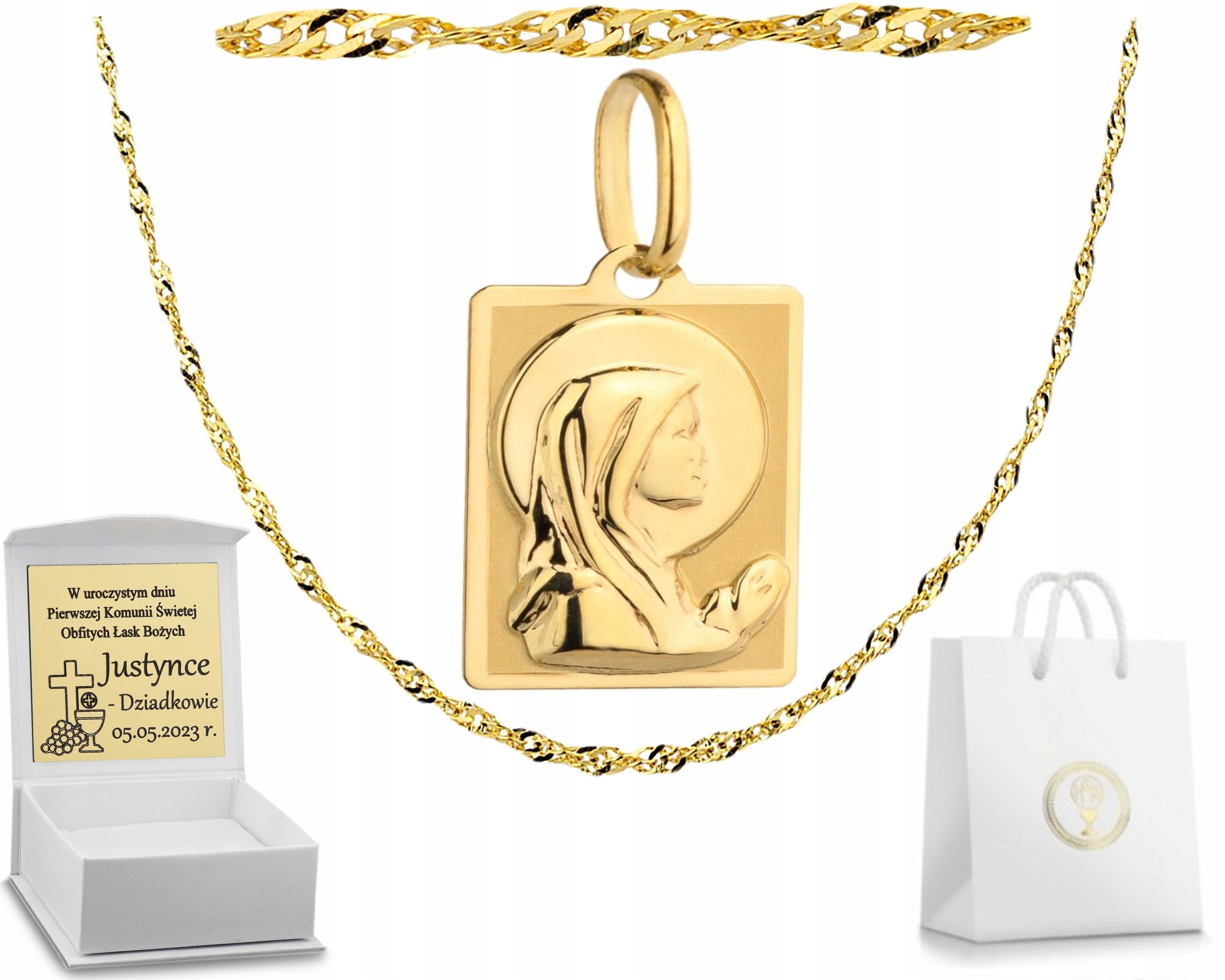 Náhrdelník Medailonek S Pannou Marií Fatimskou Řetízek Na Přijímání 585 Gravírování