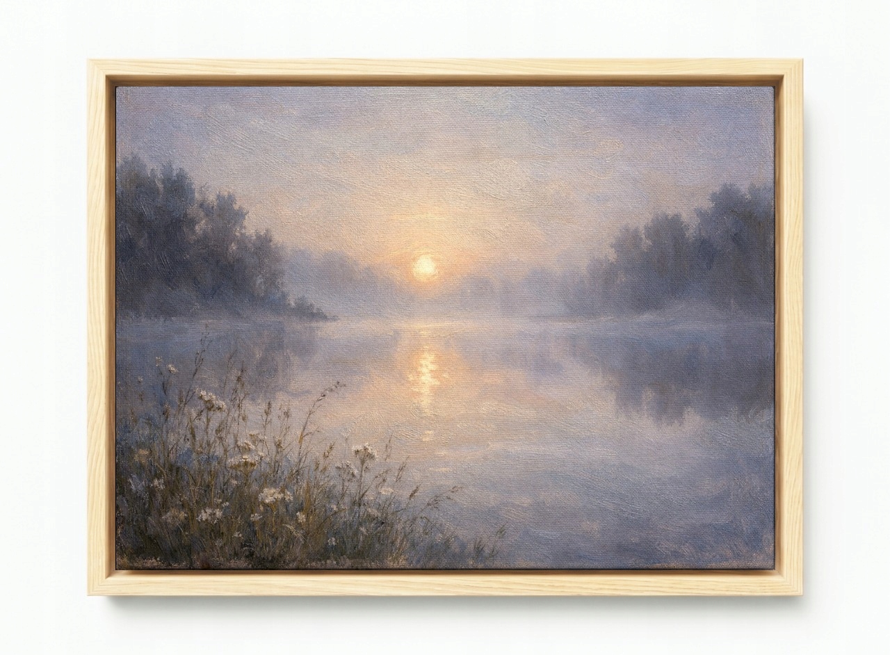 Obraz Rám Americká Krabička Jezero Les Břeh Slunce Ráno Úsvit Mlhy 60x40