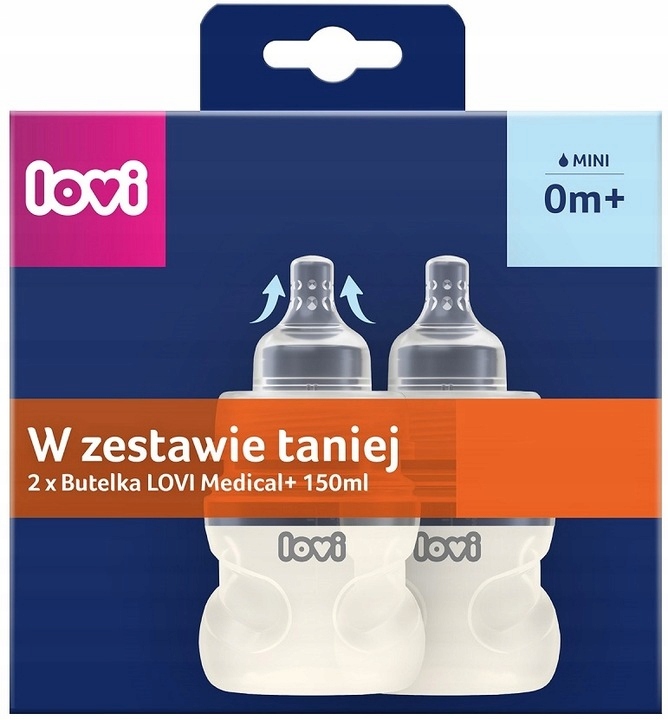 ZESTAW 2 Butelek LOVI Medical+ 2x 150 ml Smoczek SUPERVENT 0m+ Wyrób medyczny nie