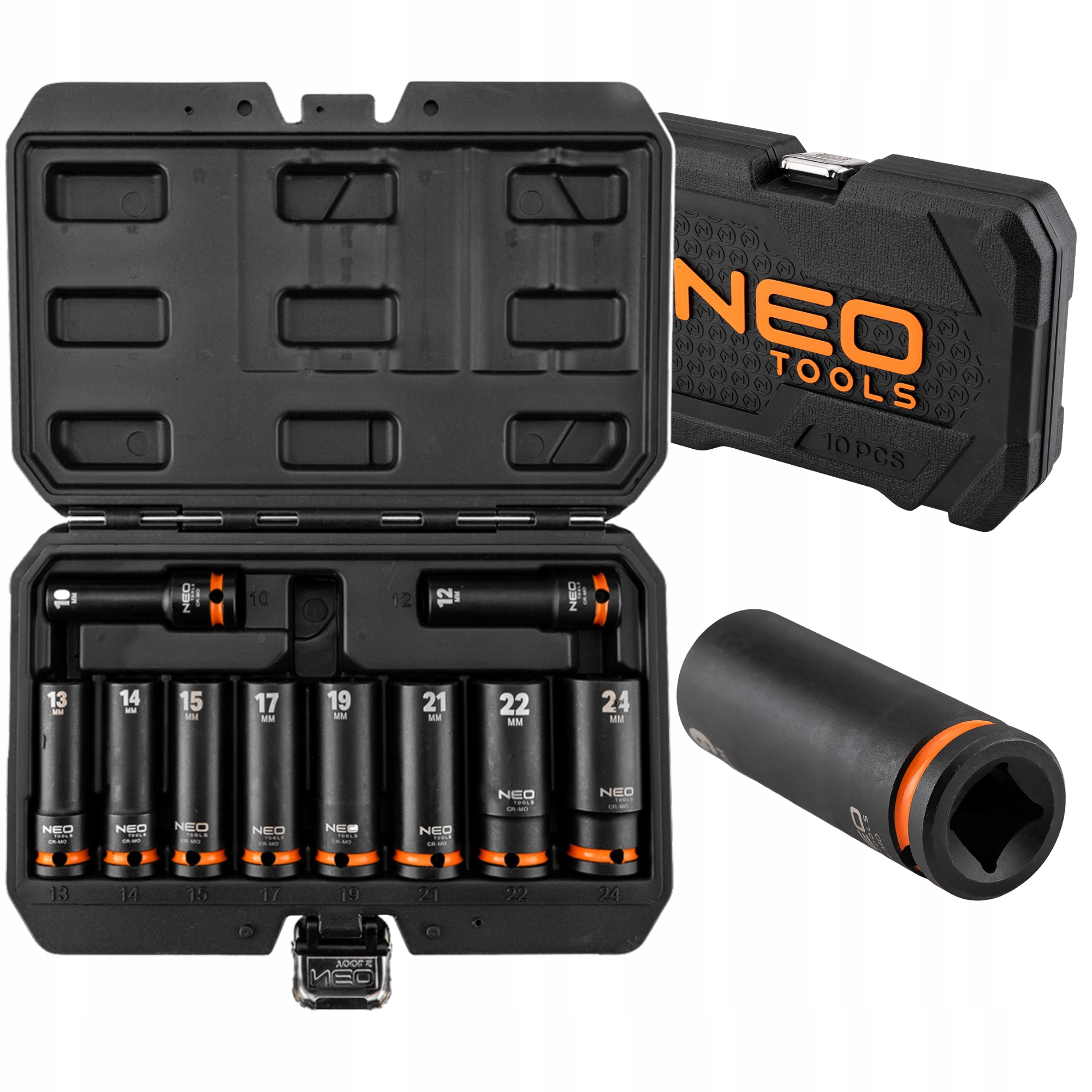 Neo Tools Zestaw Długich Nasadek Udarowych 10-24mm 10 szt. 1/2"