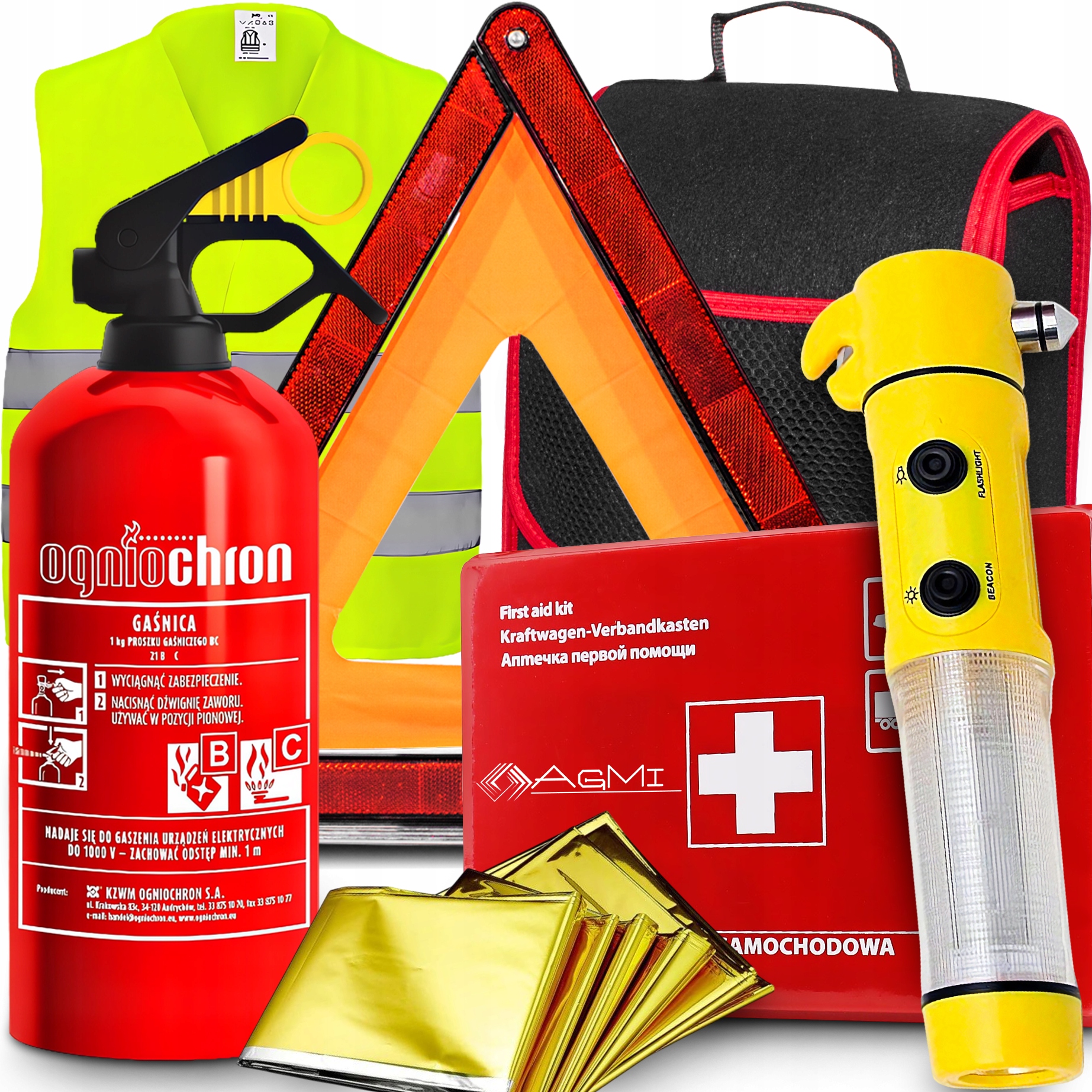 Hasicí Přístroj Trojúhelník Lékárnička Svítilna Kladivo Sklo Nůž Na Pásy Trojúhelníková Deka Taška