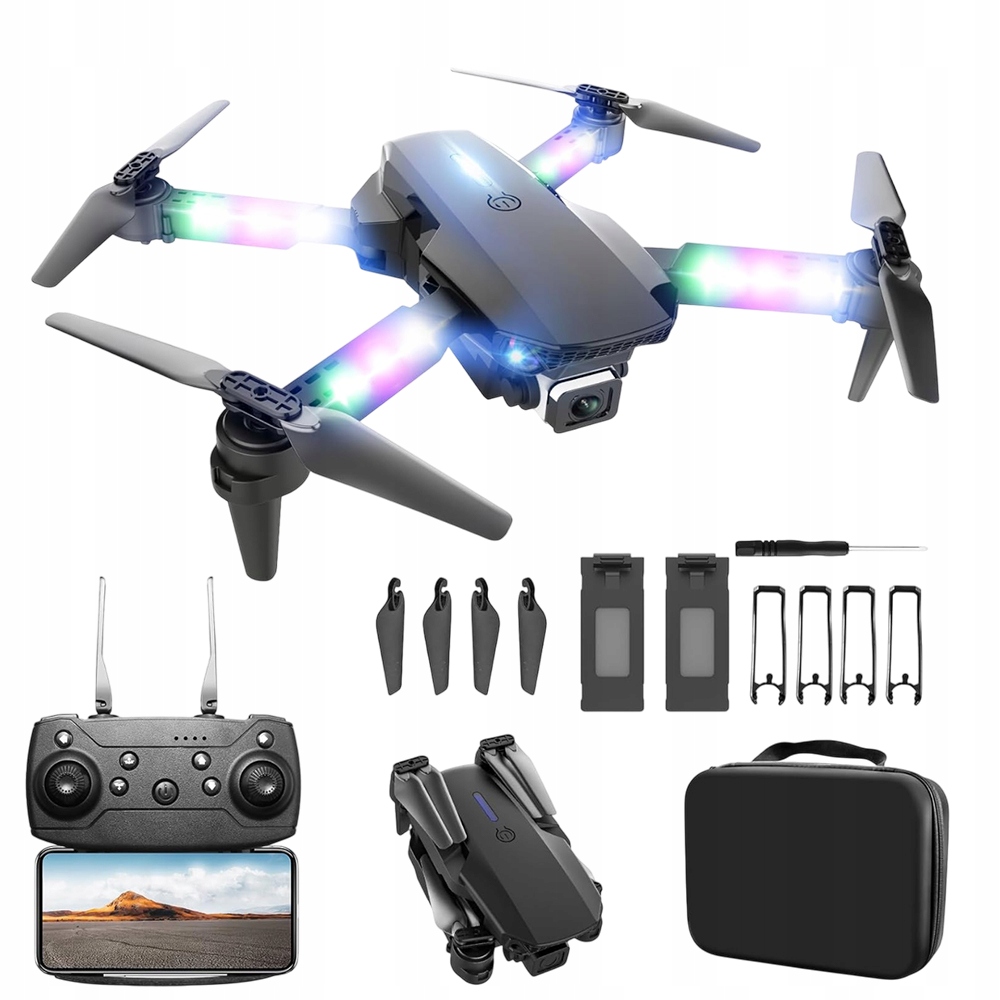 RC DRON Z 2 KAMERAMI KOLOROWE RAMIĘ ZE ŚWIATŁEM LED TRANSMISJA WIFI 1800MAH