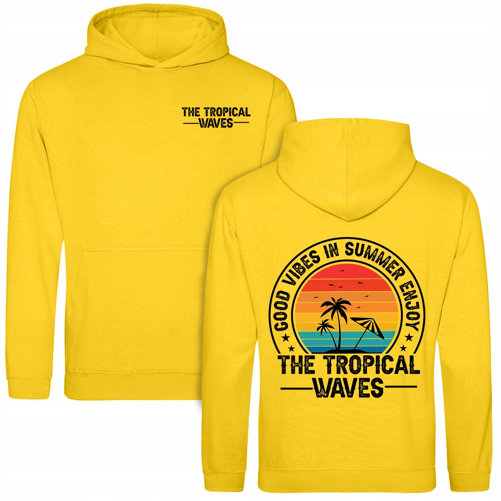 Mikina Sun Yellow Tropical Waves Potisk Přední část Zadní část Pro Mládež Vzory Vel M