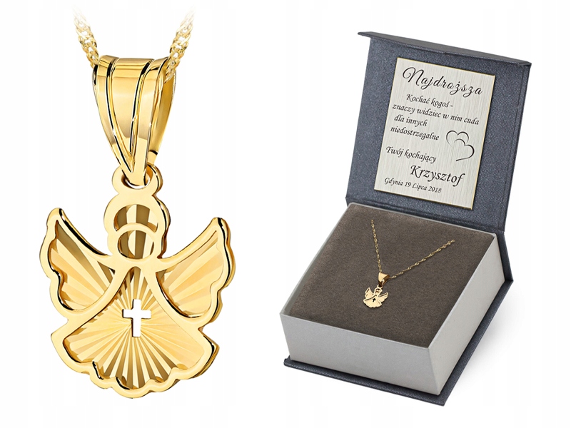 Řetízek Zlatý 585 Medailon Anděl Křest Gravírování