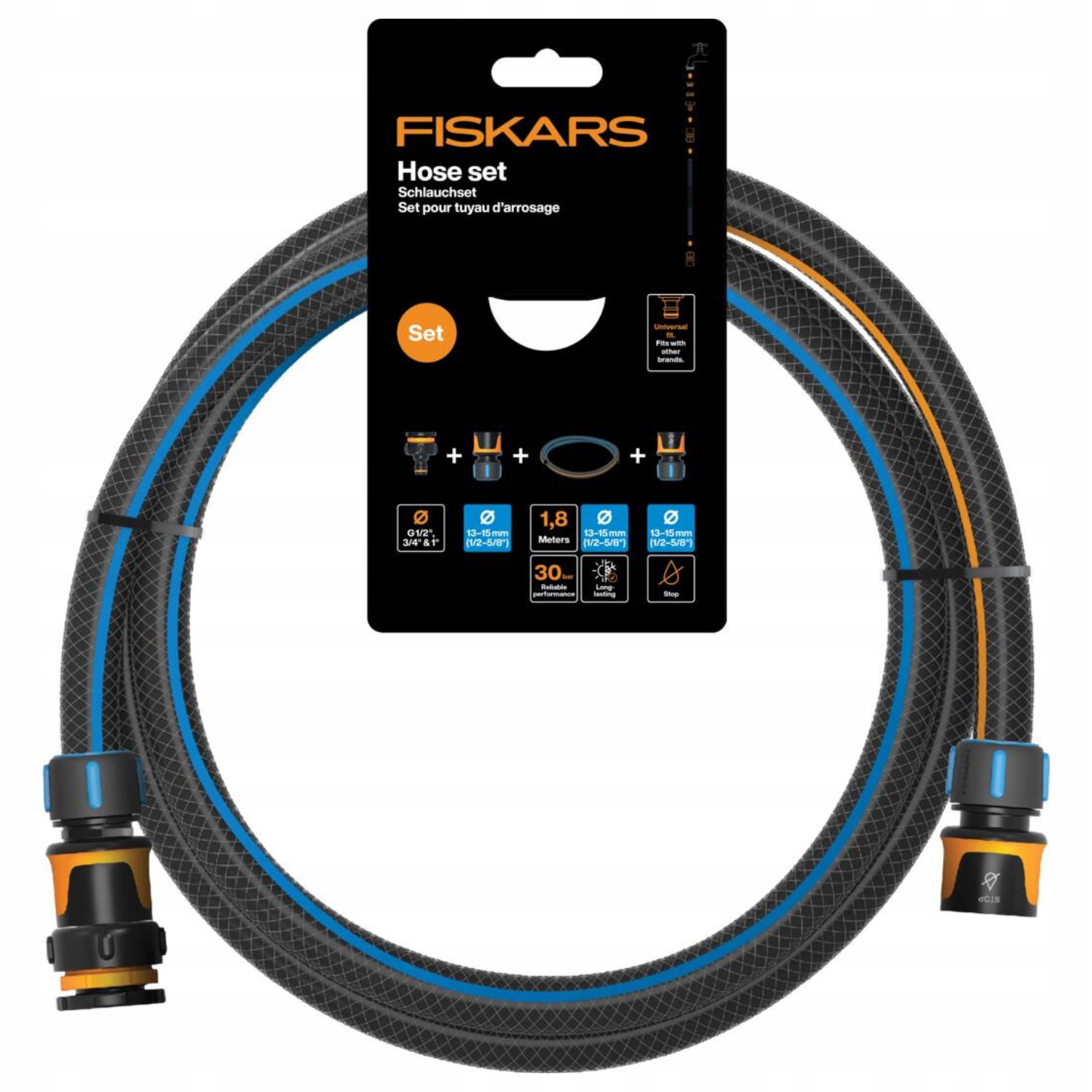 Fiskars Zestaw przyłączeniowy wąż ogrodowy szybkozłączka 13mm 1/2 cala 1.8m