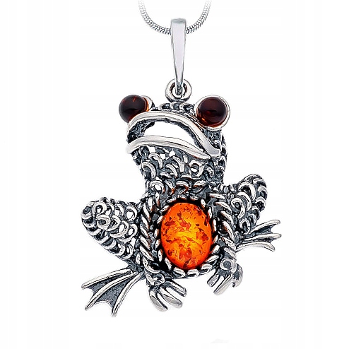 Stříbrná Žabka přívěsek prolamovaný přívěsek s Baltským Jantarem stříbro 925