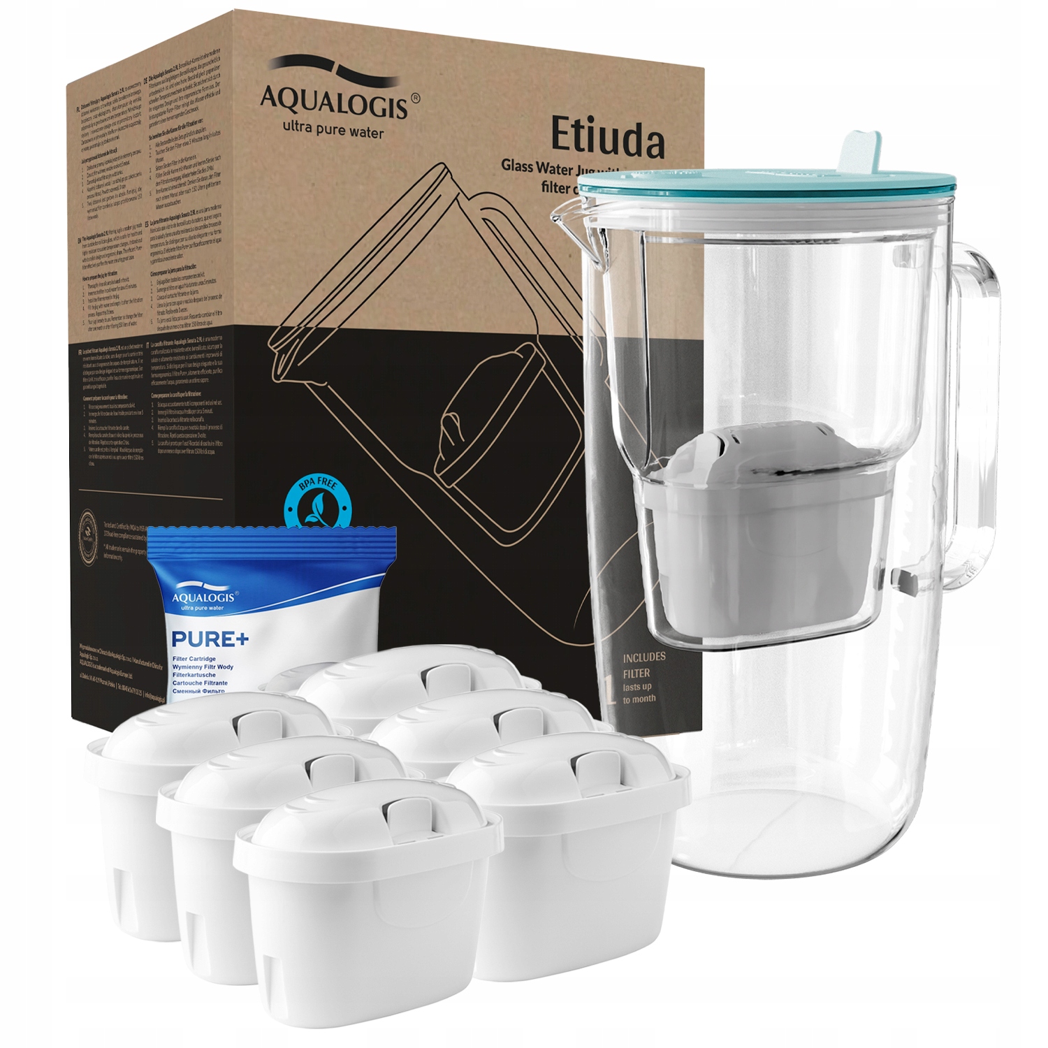 Szklany dzbanek filtrujący Etiuda Niebieski 6 wkładów Pure+