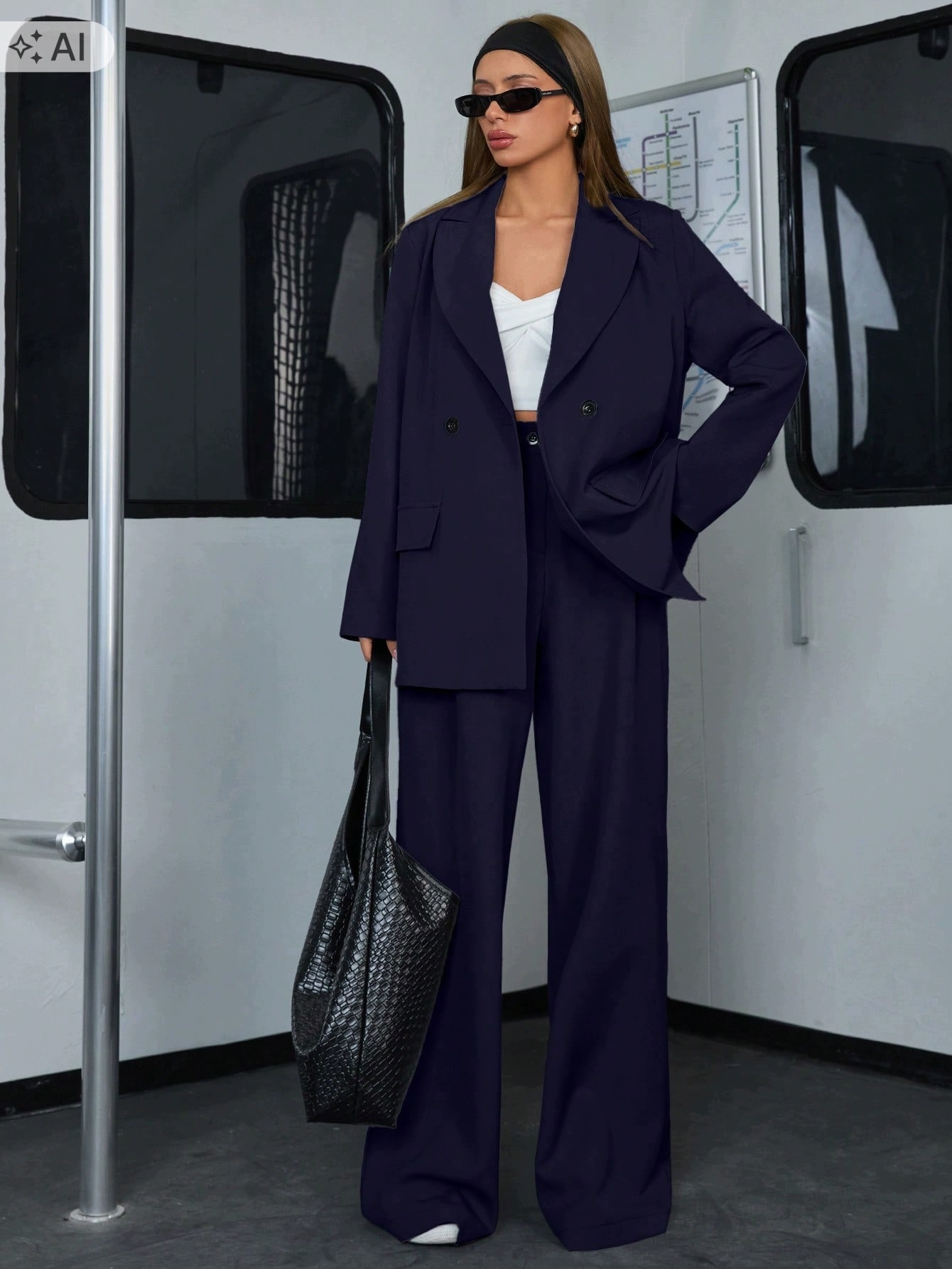 Shein Tmavě Modrý Elegantní Komplet S Sakem A Širokými Kalhotami, Velikost 1XL