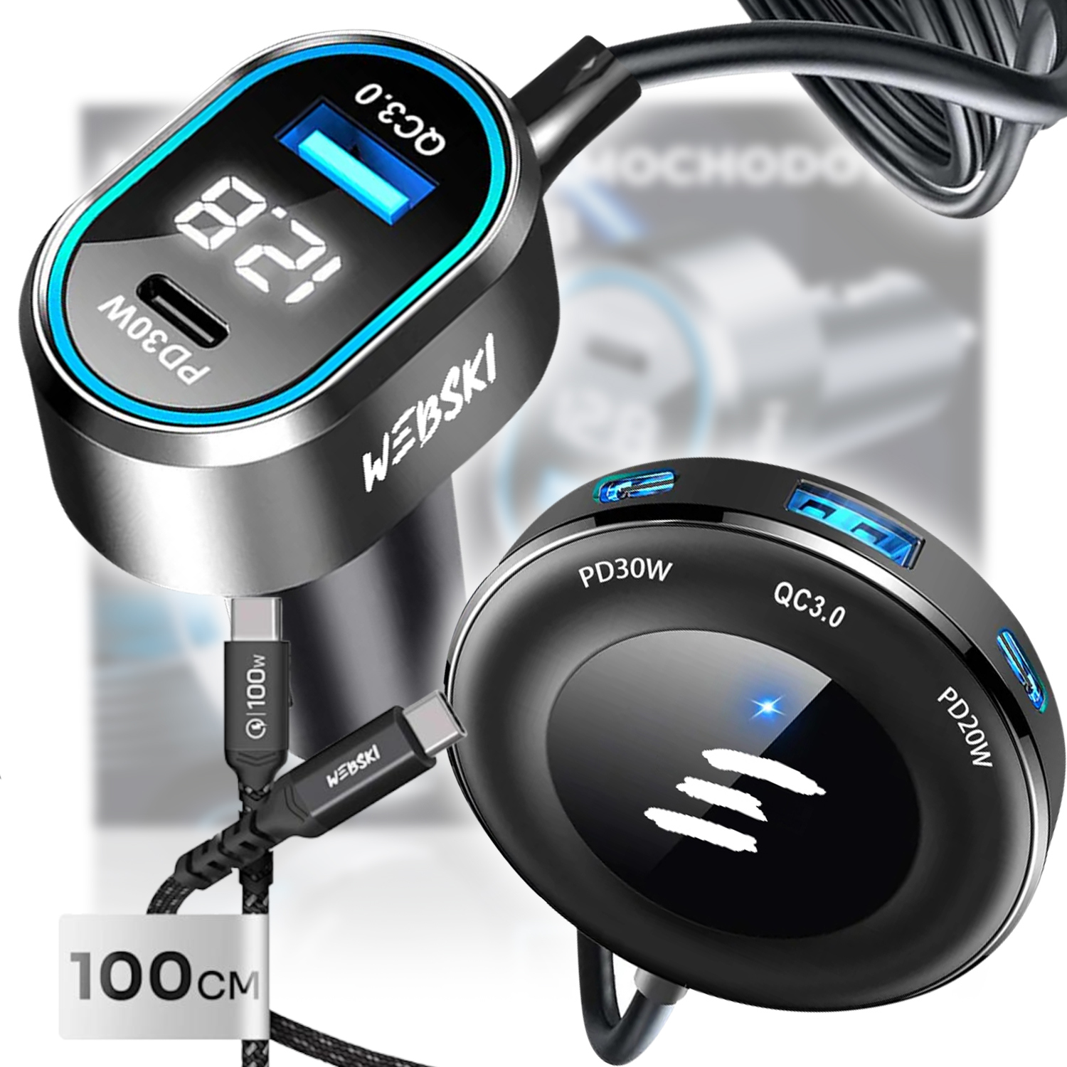 Automobilová 98W 2xUSB 3xUSB-C LCD displej 100CM Usb Kabel