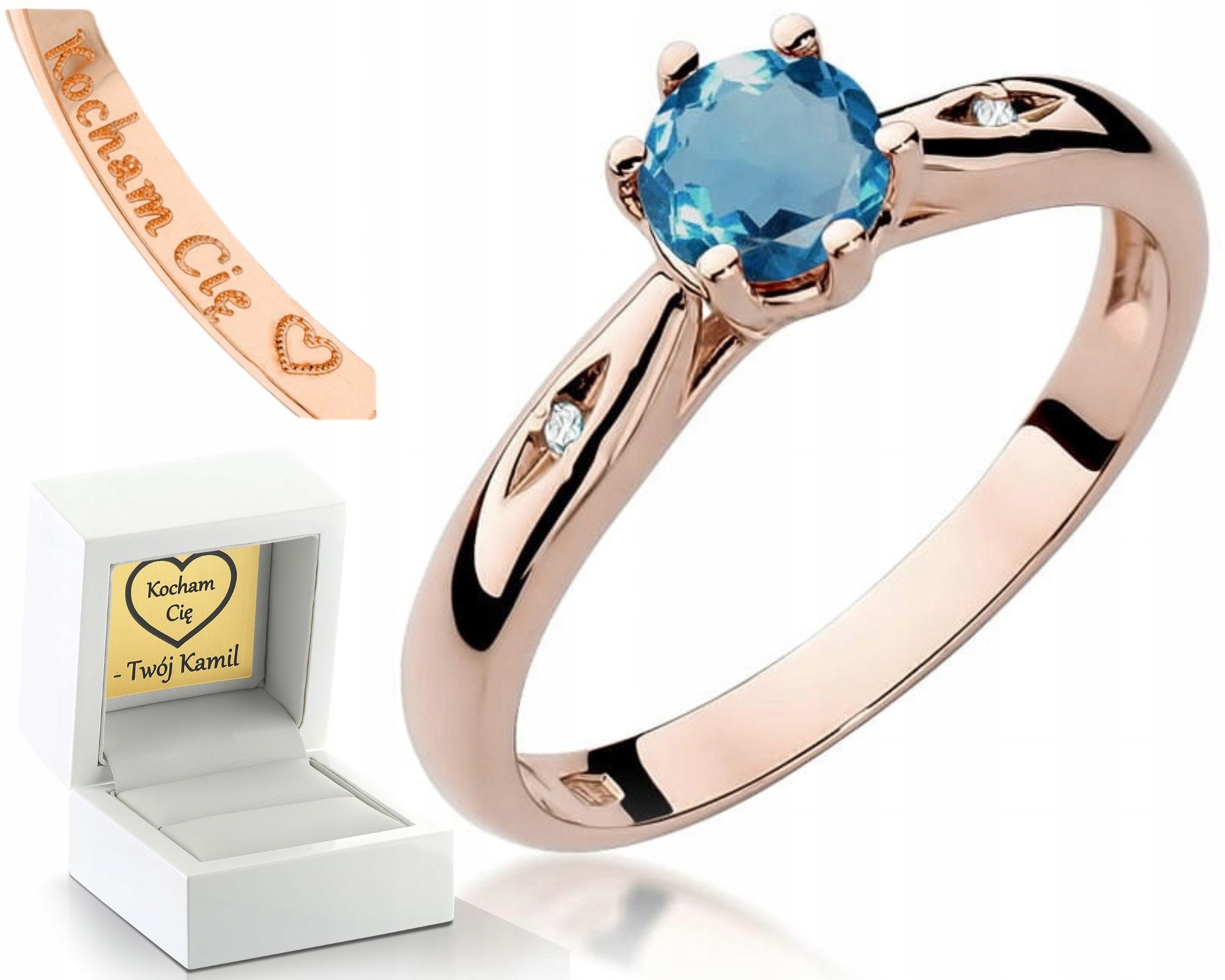 Prstýnek S Topazem London Blue Růžové Zlato Gravírování 585