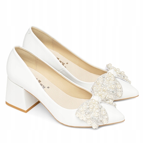 Brilu Polskie Ślubne Czółenka Z Ozdobną Kokardą Sage Białe 38