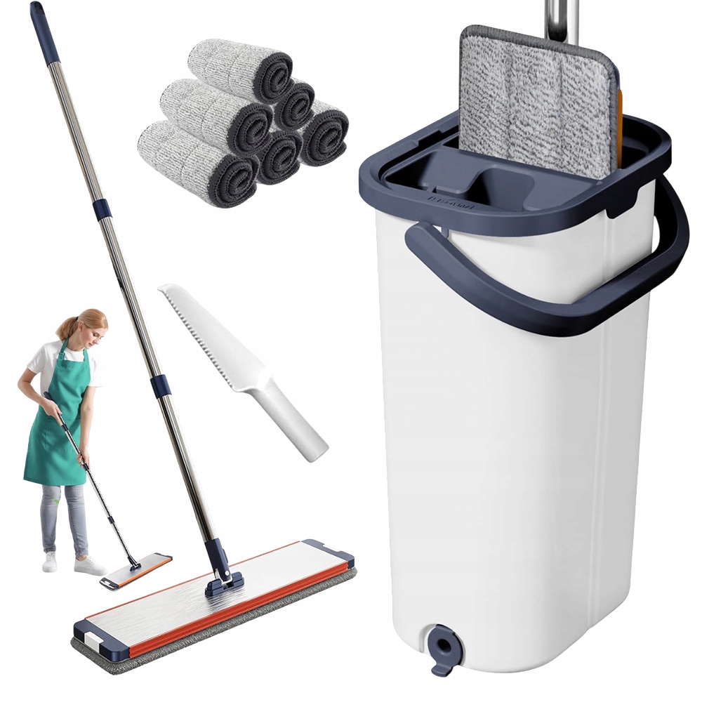 Levně Plochý Ruční Mop, Dvoukomorový Kbelík, 6 Nástavců Z Mikrovlákna, Sada Bílá