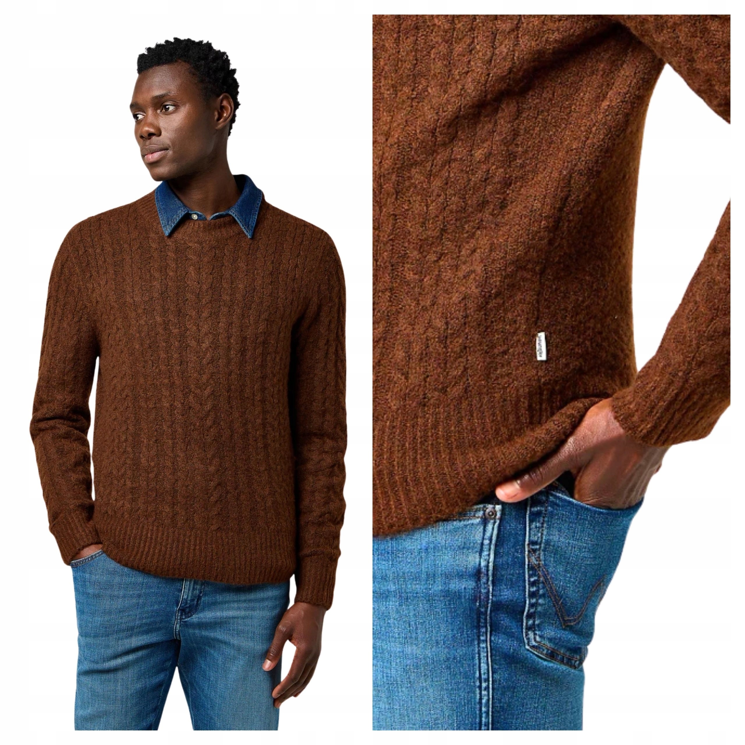 Pánský svetr Wrangler Cable Knit Sweater Tmavě hnědý mahagon XL