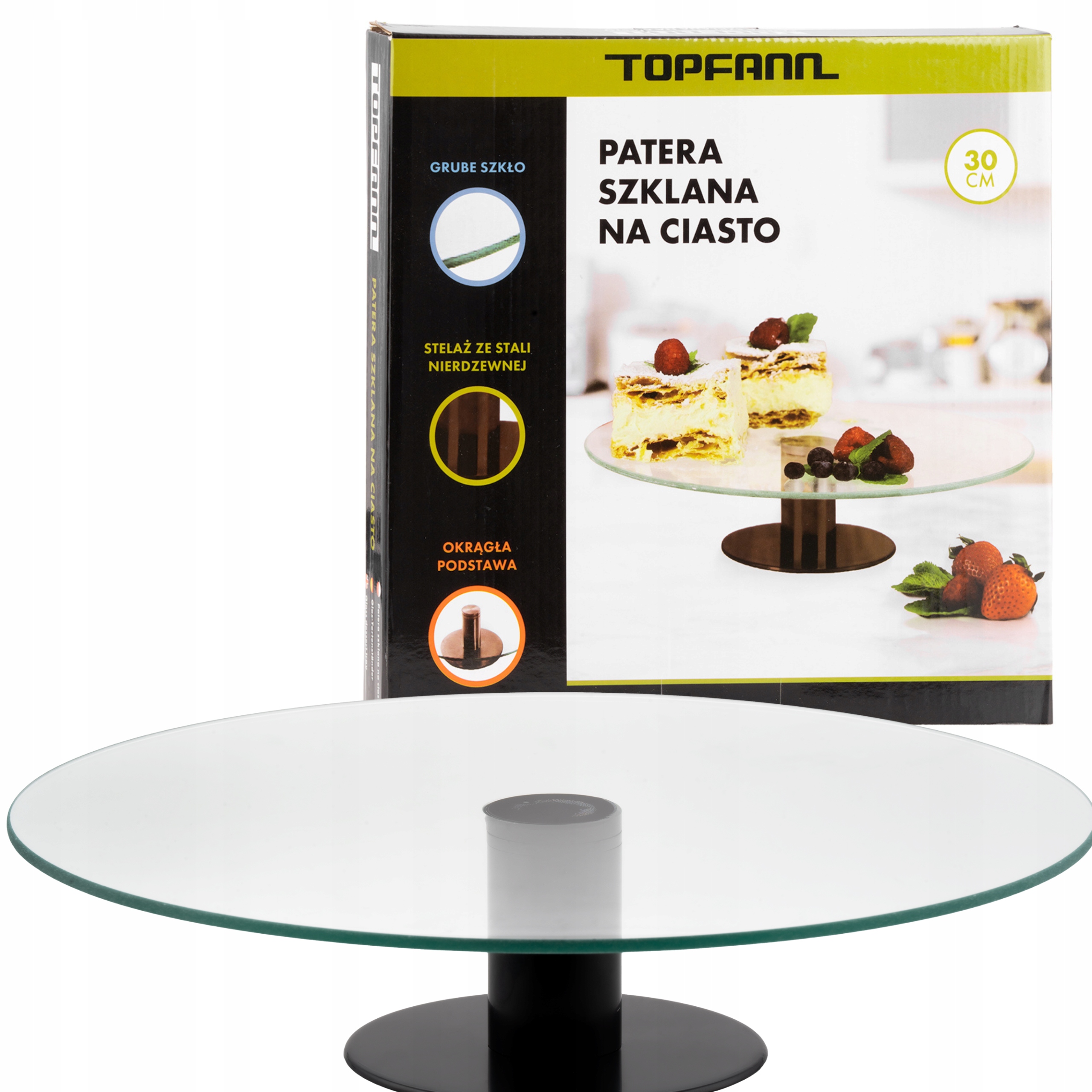 PATERA SZKLANA OKRĄGŁA NA KOLOR CZARNY OBROTOWA 30 CM NA OWOCE CIASTA TORT