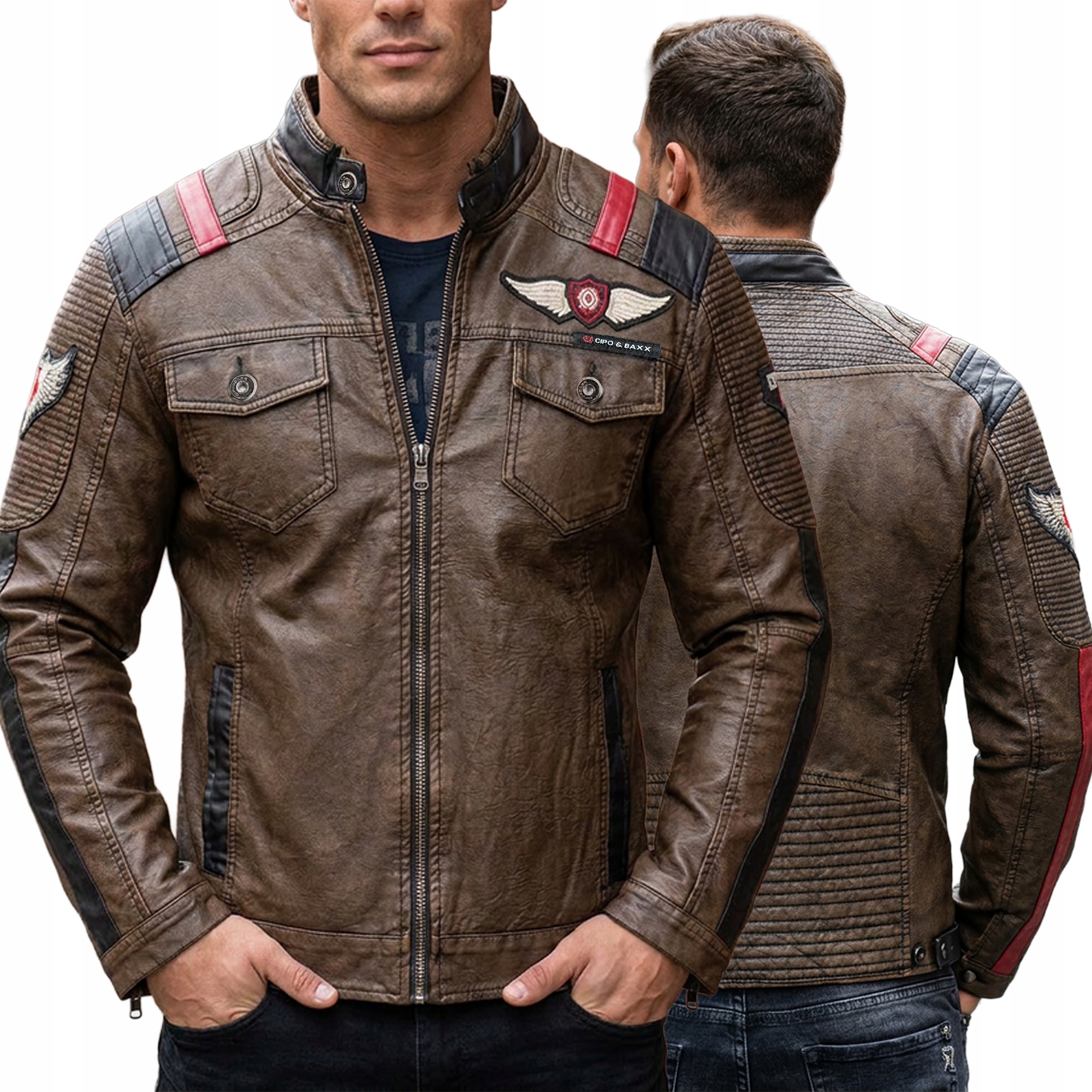 Přechodná kožená bunda Cipo Baxx ve stylu biker RegularMotocyklový Střih