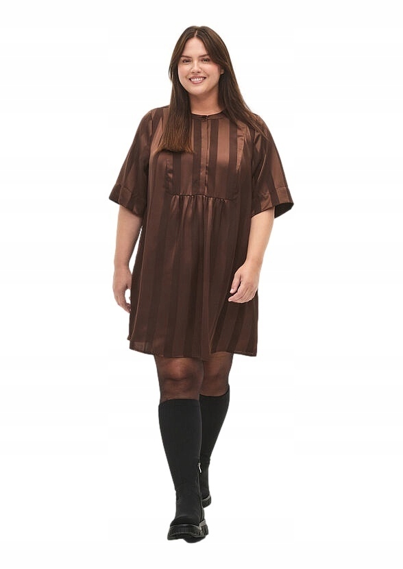 Šaty Plus Size Zizzi Elegantní Hnědá Tunika Šaty Pruhy 174A 56