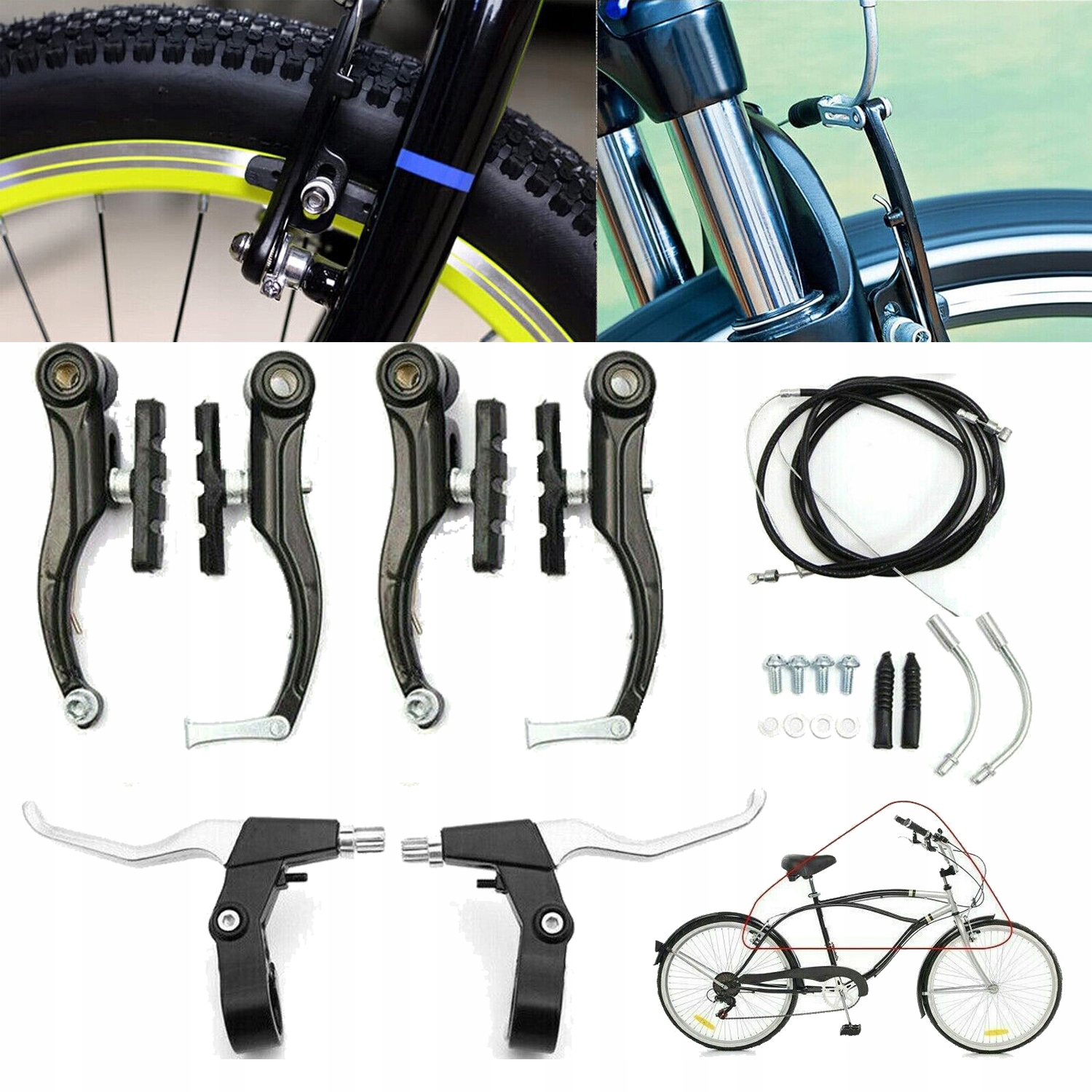 ZESTAW HAMULCÓW ROWEROWYCH V-BRAKE, LINKI HAMULCOWE I DŹWIGNIE HAMULCOWE