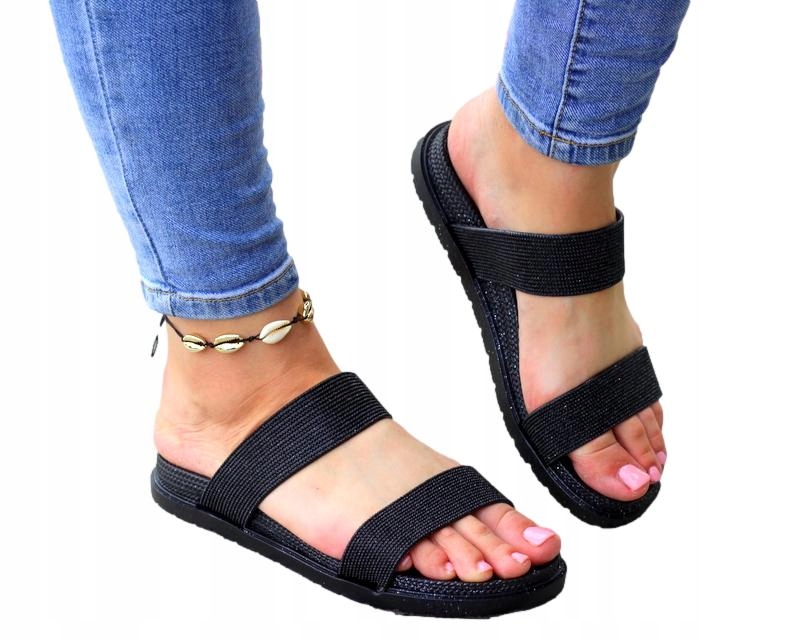 

Czarne Gumowe Płaskie Klapki Na Dwa PASKI38