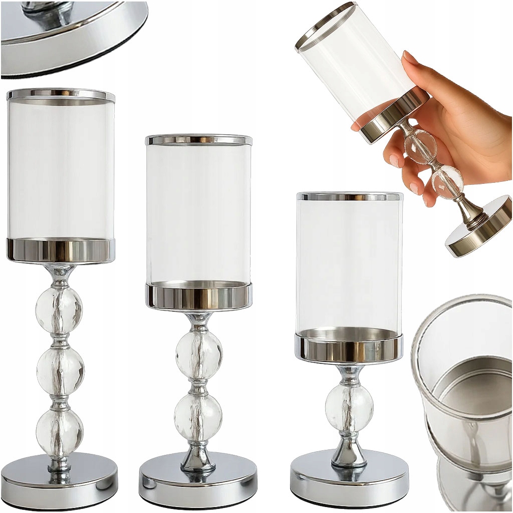 3x Svícen Komplet Kovový Skleněný Lampion Stříbrný Dekorace Glamour
