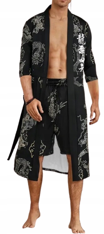 Černý Župan Se Zlatými Čínskými Draky Kimono Pyžamové Kalhoty L