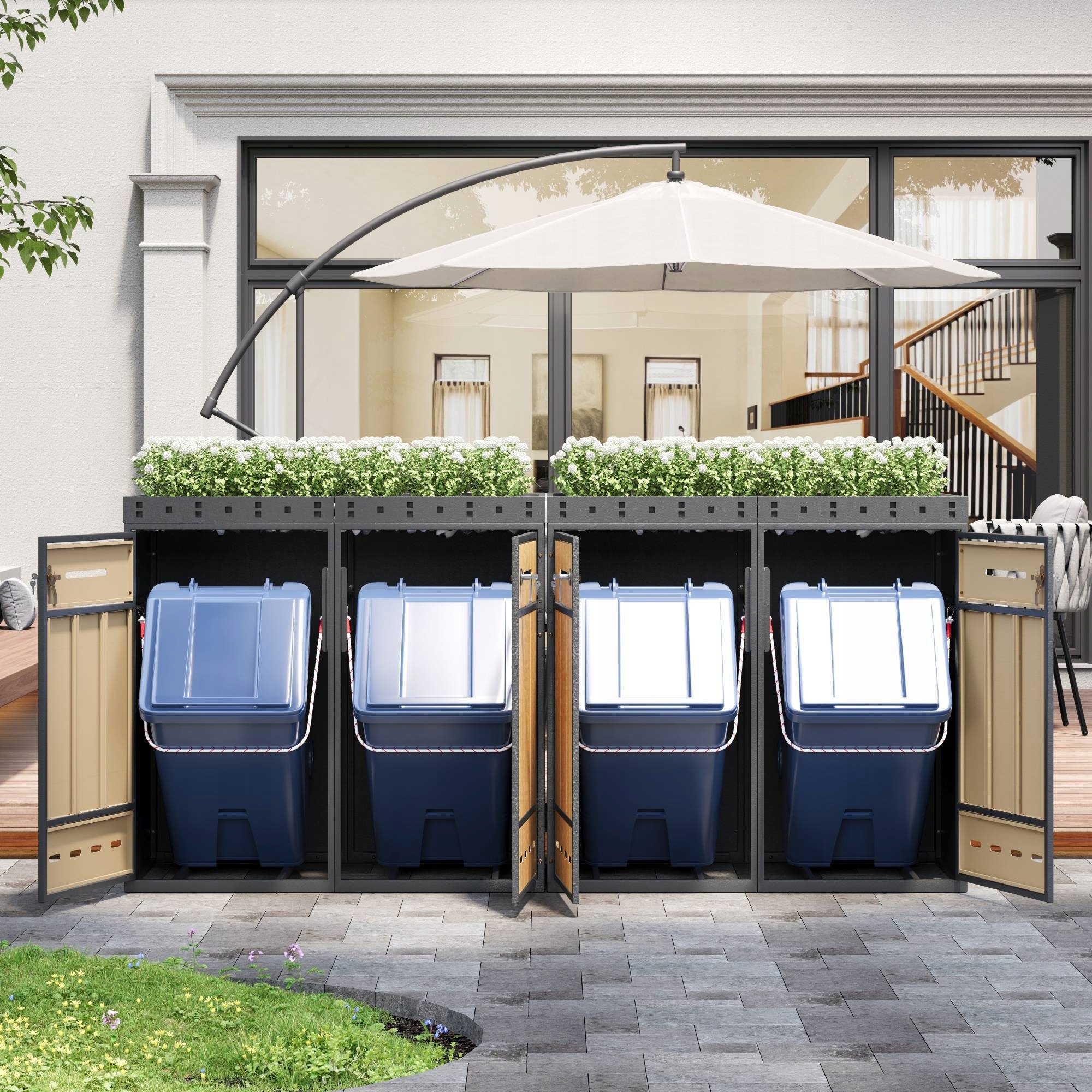 Kryty odpadkových košů s žaluziemi, úložné prostory na odpadky, místo pro výsadbu