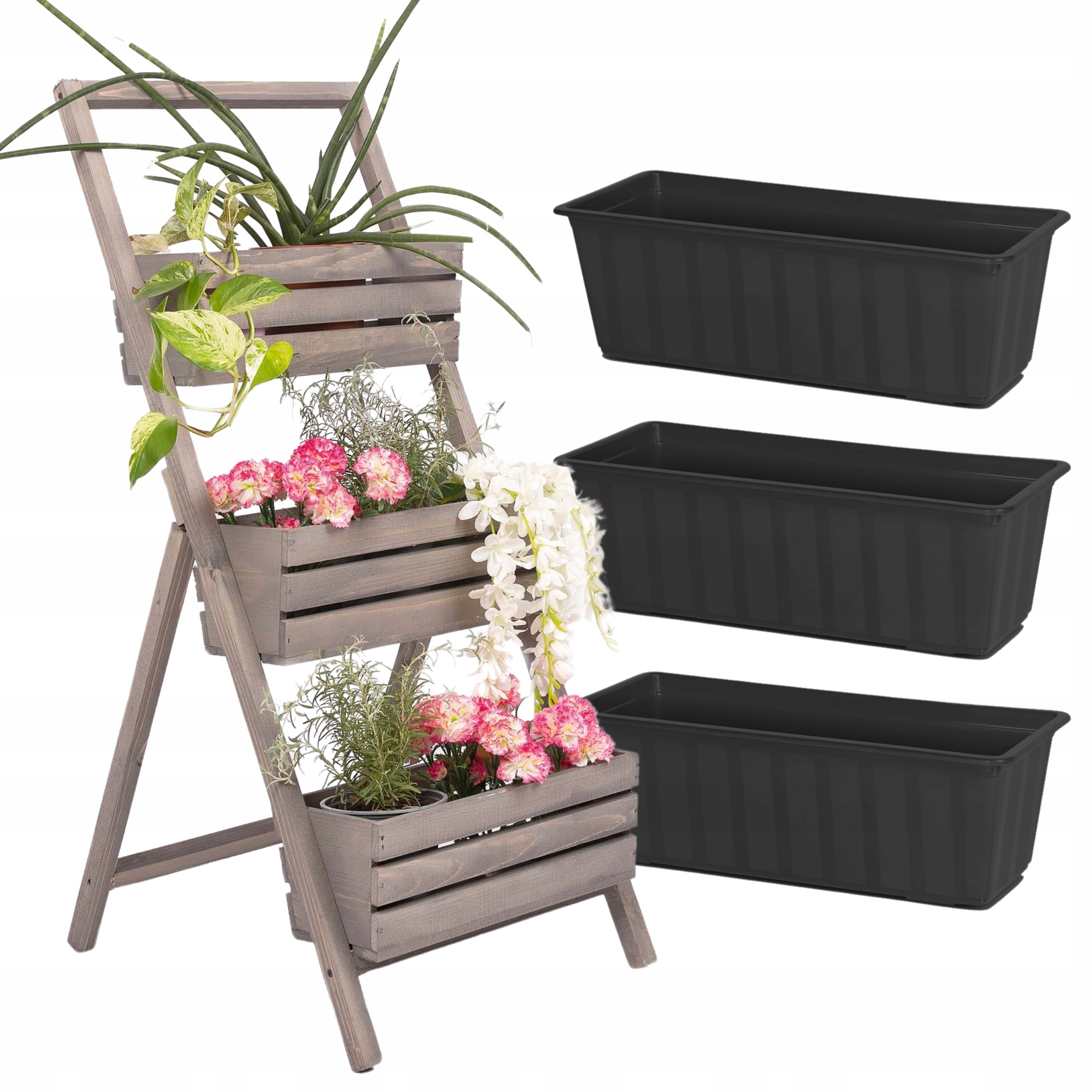 Stojan Na Kvety Drevený Kaskádový Sivý 3 Radov Multiúrovňový Stojan