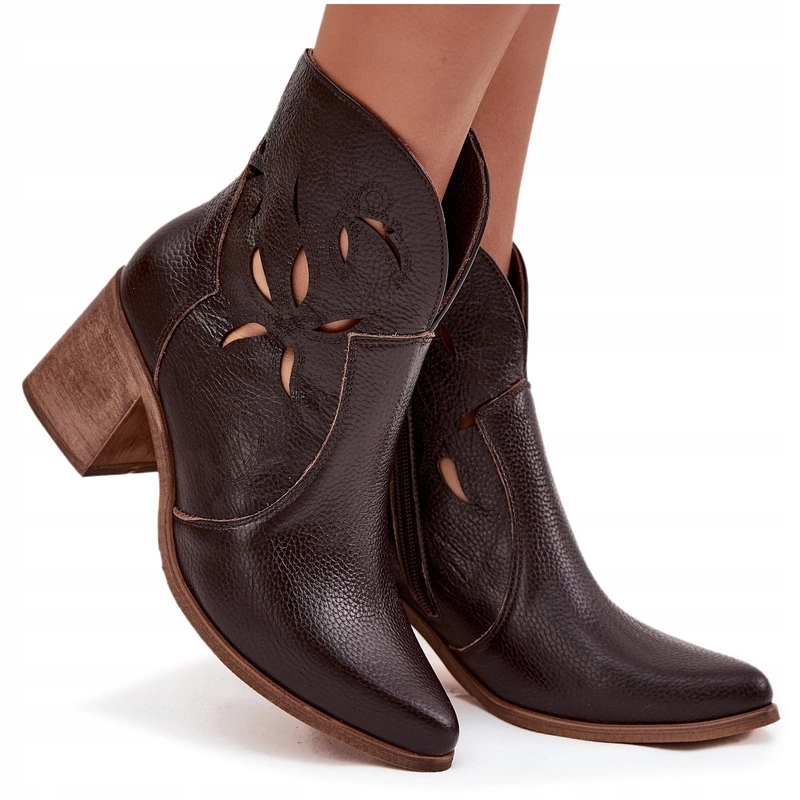 Dámské Kotníkové Boty Přírodní Kůže Ažurový Sloupek Zazoo 3690 Čokoládové 35