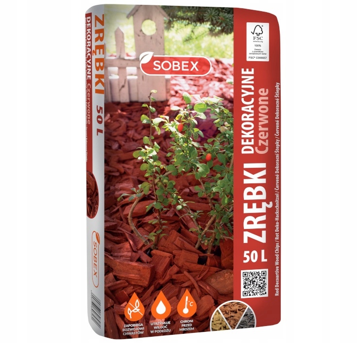 ZRĘBKI OZDOBNE KORA DEKORACYJNA KOLOROWA PODŁOŻE SOBEX CZERWONE 50L
