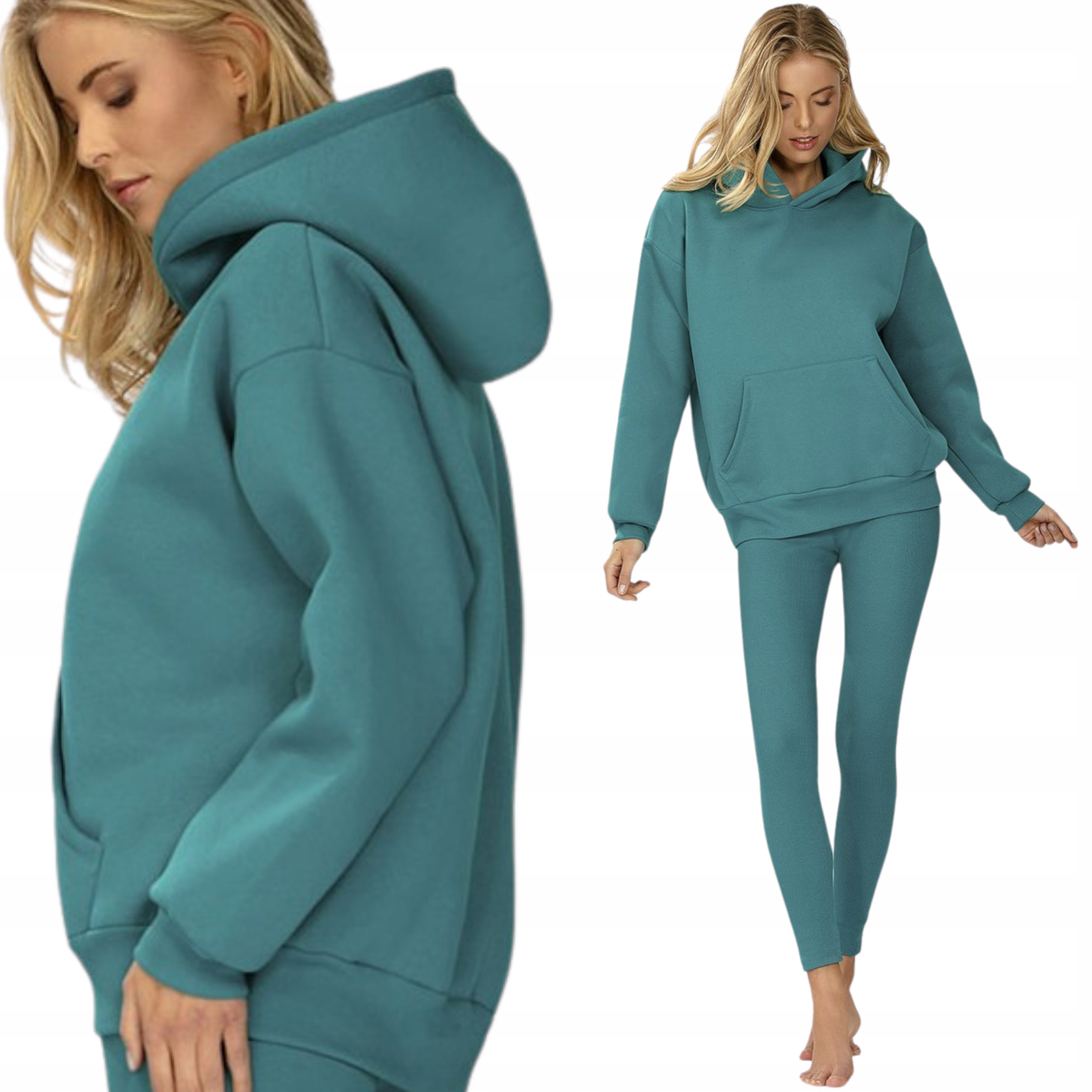 Teplákovka Dámský teplý mikina s kapucí Pruhované legíny XL Oseye Tyrkysová