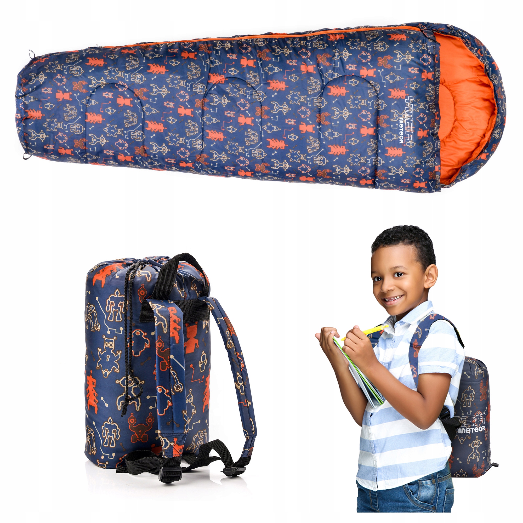 Śpiwór Dla Dzieci Meteor Z Plecakiem mumia Ymer Robot (130+30)x60/40cm