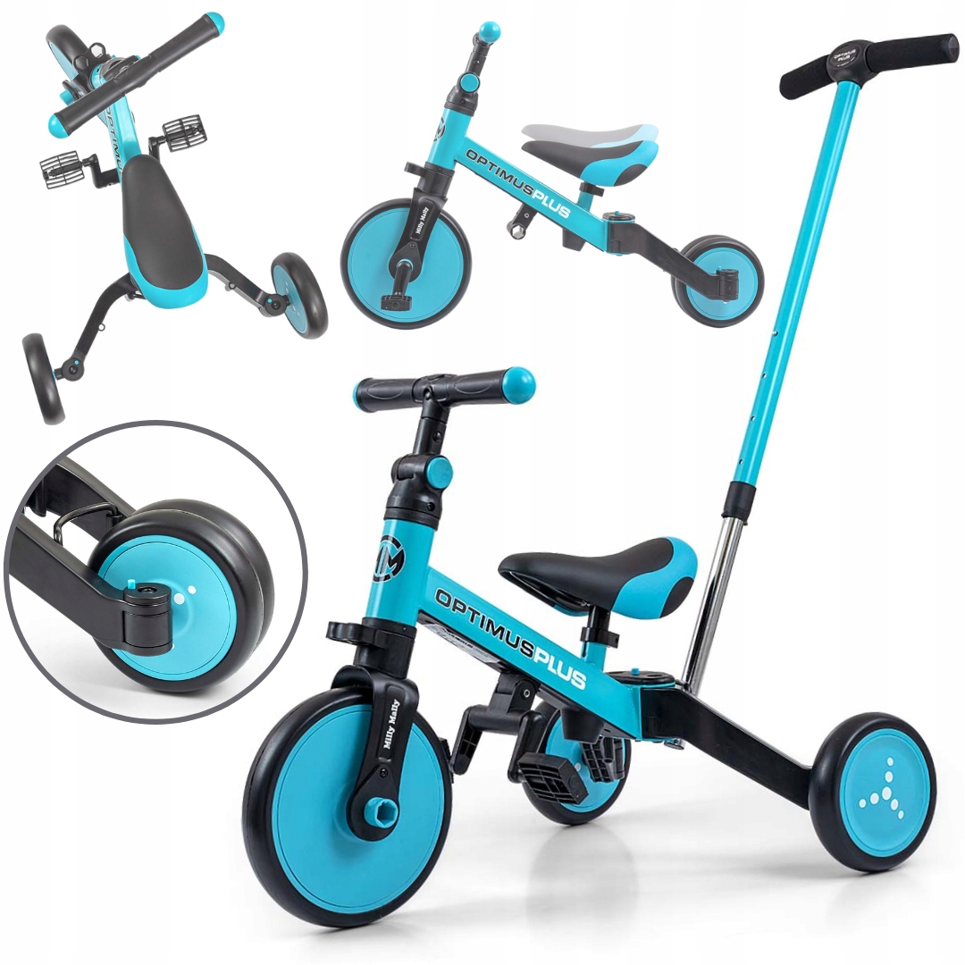 Rowerek trójkołowy 4w1 niebieski jeździk z rączką Optimus Plus Milly Mally