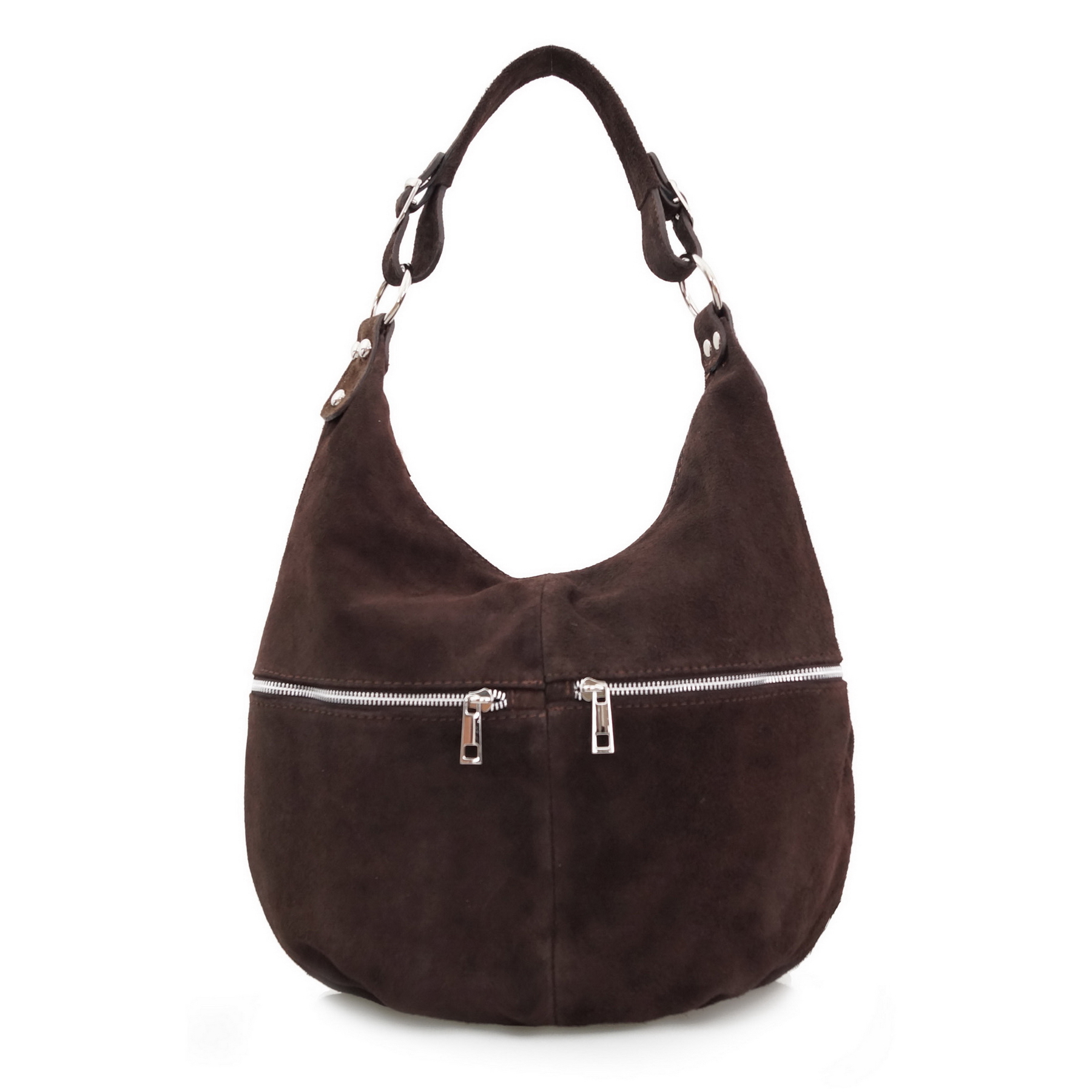 Vera Pelle torebka damska zamszowa worek z suwakami i paskiem C.brązowa