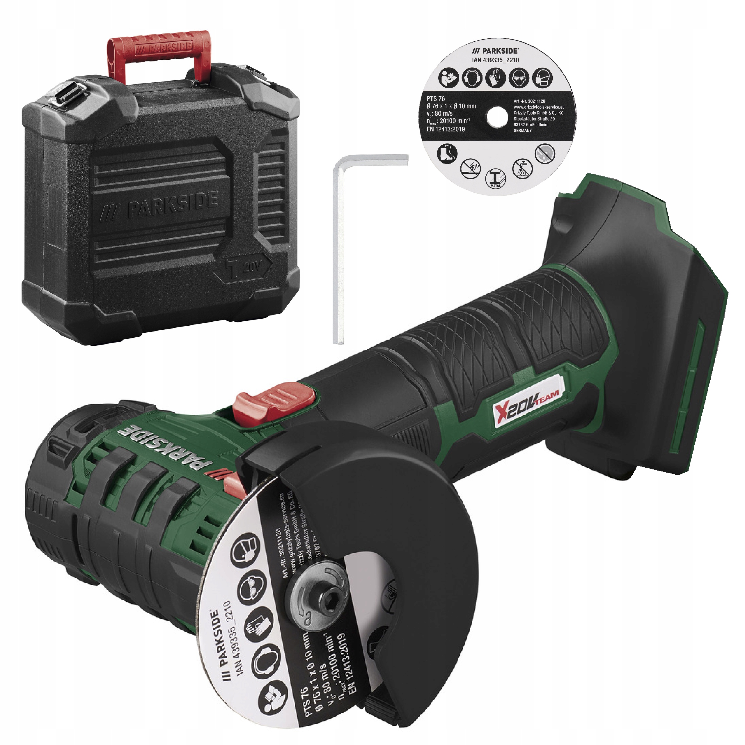 Parkside Akumulatorowa szlifierka kątowa Ø76mm 20V Walizka Tarcza