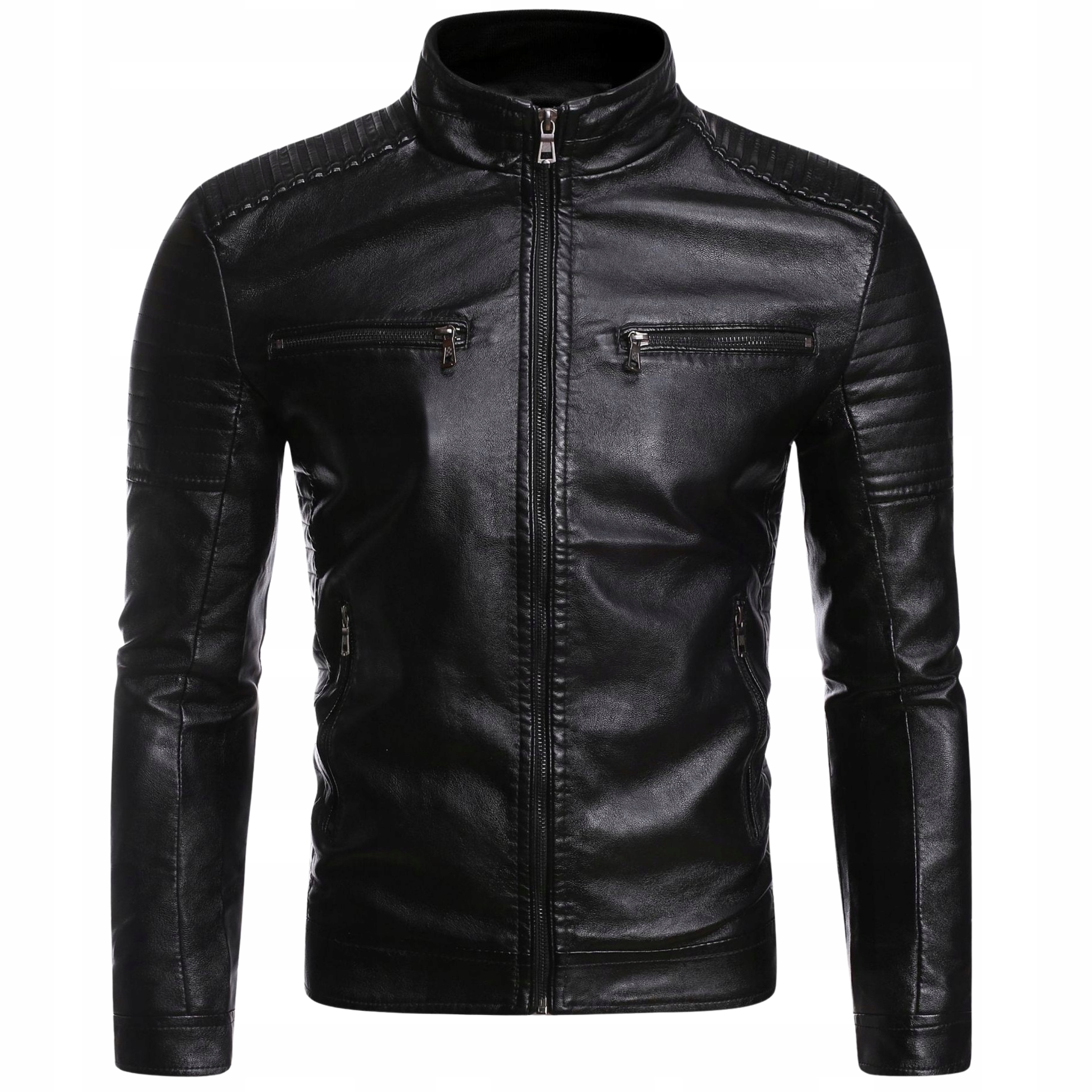 Męska czarna kurtka skórzana ramoneska biker z zamkami casual jesienna