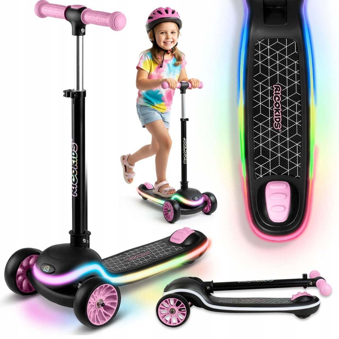Hulajnoga trójkołowa dla dzieci balansowa Led Ricokids Leddi czarno-różow
